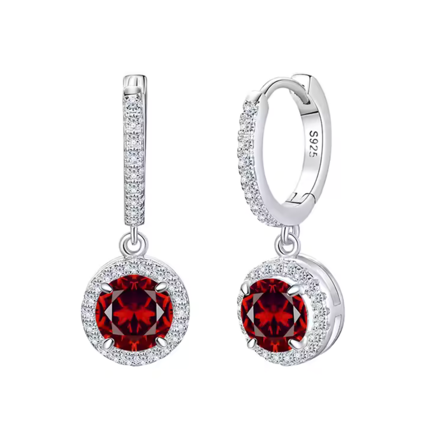 925 Sterling Silver Round Birthstone Red Stone Zircon Diamond Jewelry Set for Women, Halo Necklace, Earrings & Ring, 4 Pieces