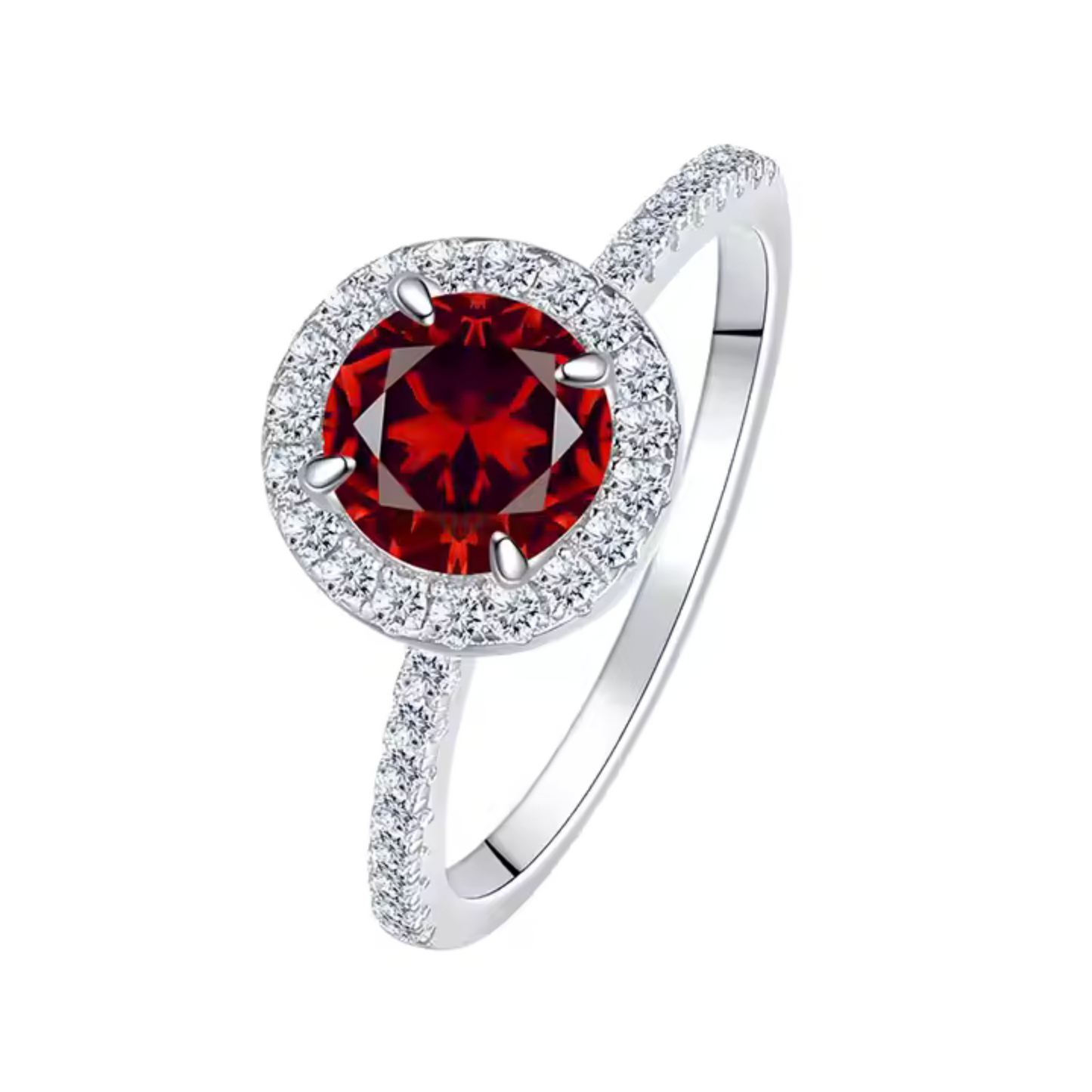 925 Sterling Silver Round Birthstone Red Stone Zircon Diamond Jewelry Set for Women, Halo Necklace, Earrings & Ring, 4 Pieces