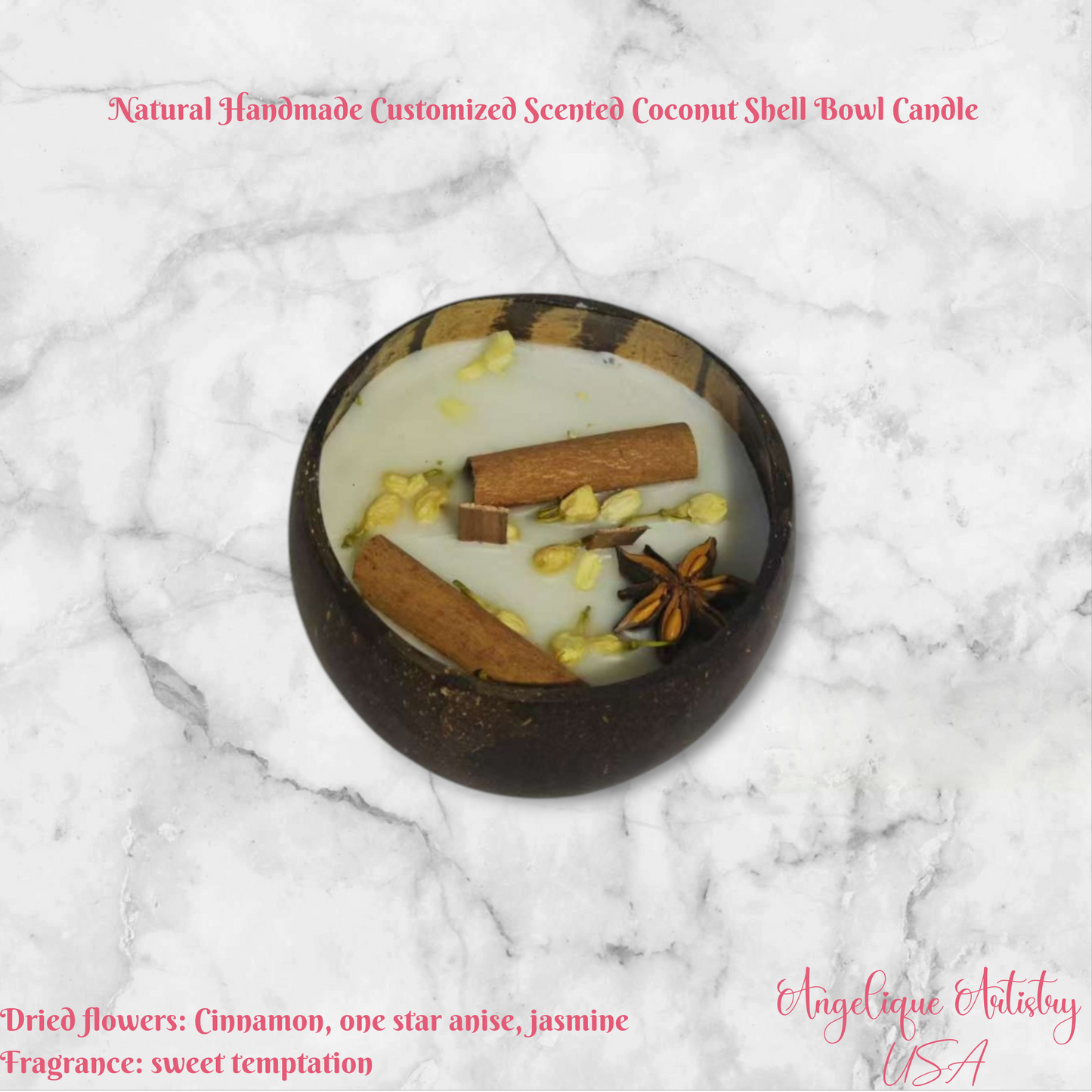 Natural Handmade Customized Scented Coconut Shell Bowl Candle with Crystal and dried flowers