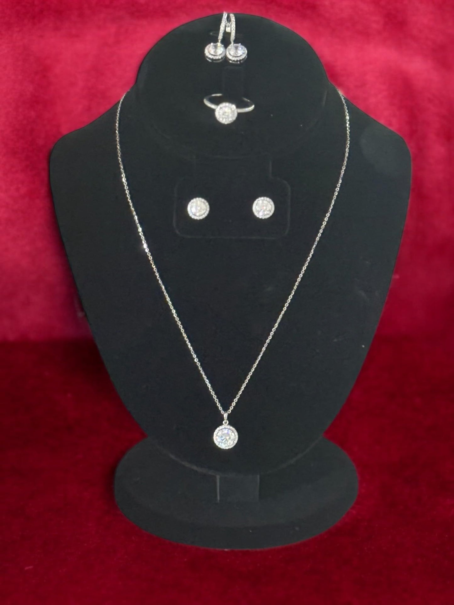 925 Sterling Silver Cubic Zirconia Jewelry Set, Halo Necklace Earrings Ring, 4 Pieces