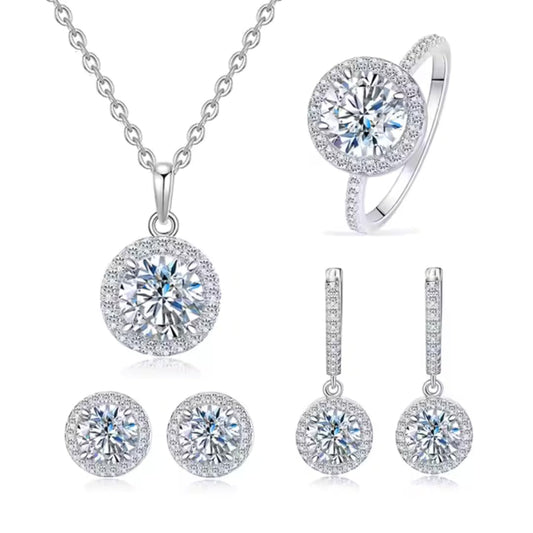 925 Sterling Silver Cubic Zirconia Jewelry Set, Halo Necklace Earrings Ring, 4 Pieces