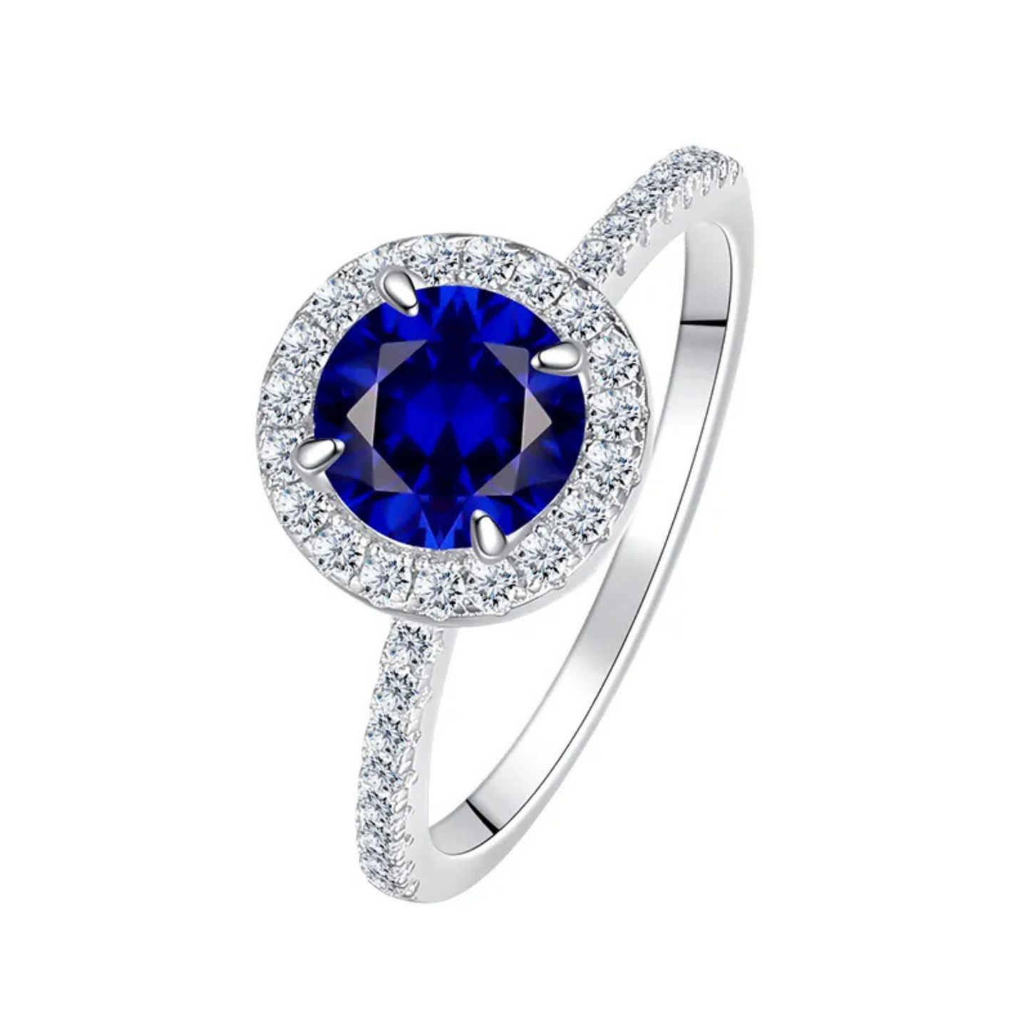 925 Sterling Silver Round Birthstone Blue Stone Zircon Diamond Jewelry Set for Women, Halo Necklace, Earrings & Ring, 4 Pieces