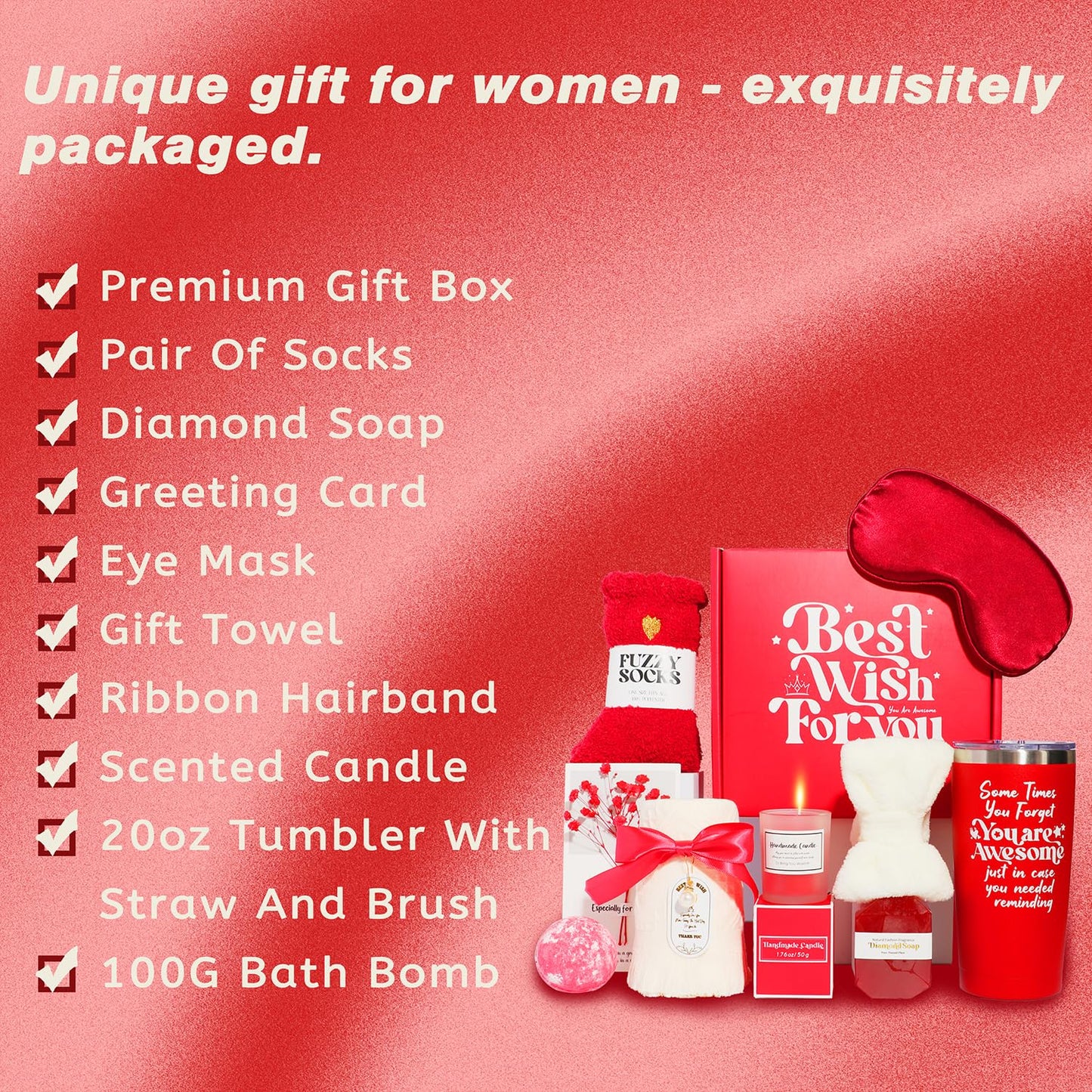 Angelique Artistry USA Spa Gift Set, 8 Pieces, Red Box with Tumbler, Candle, Bath Bomb, Soap, Socks and More