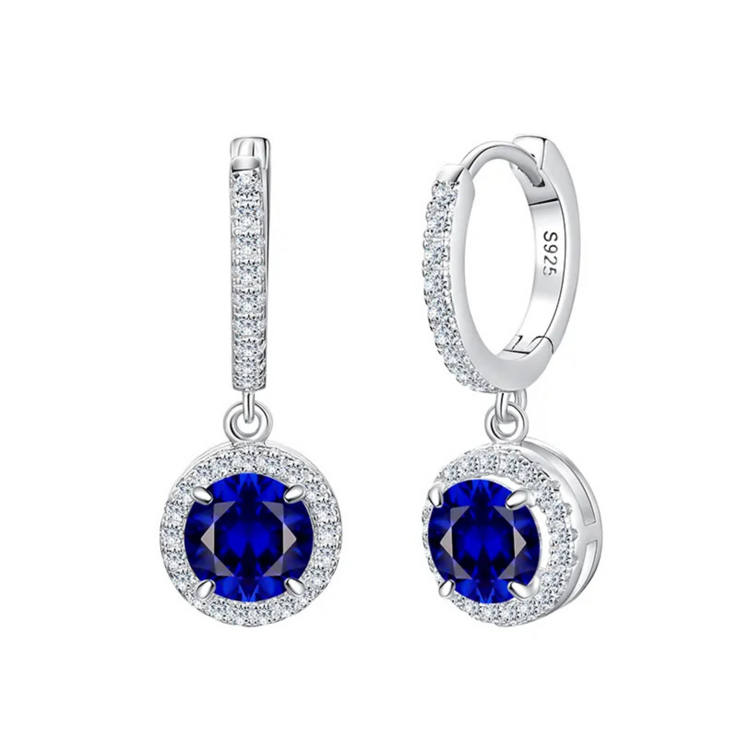 925 Sterling Silver Round Birthstone Blue Stone Zircon Diamond Jewelry Set for Women, Halo Necklace, Earrings & Ring, 4 Pieces