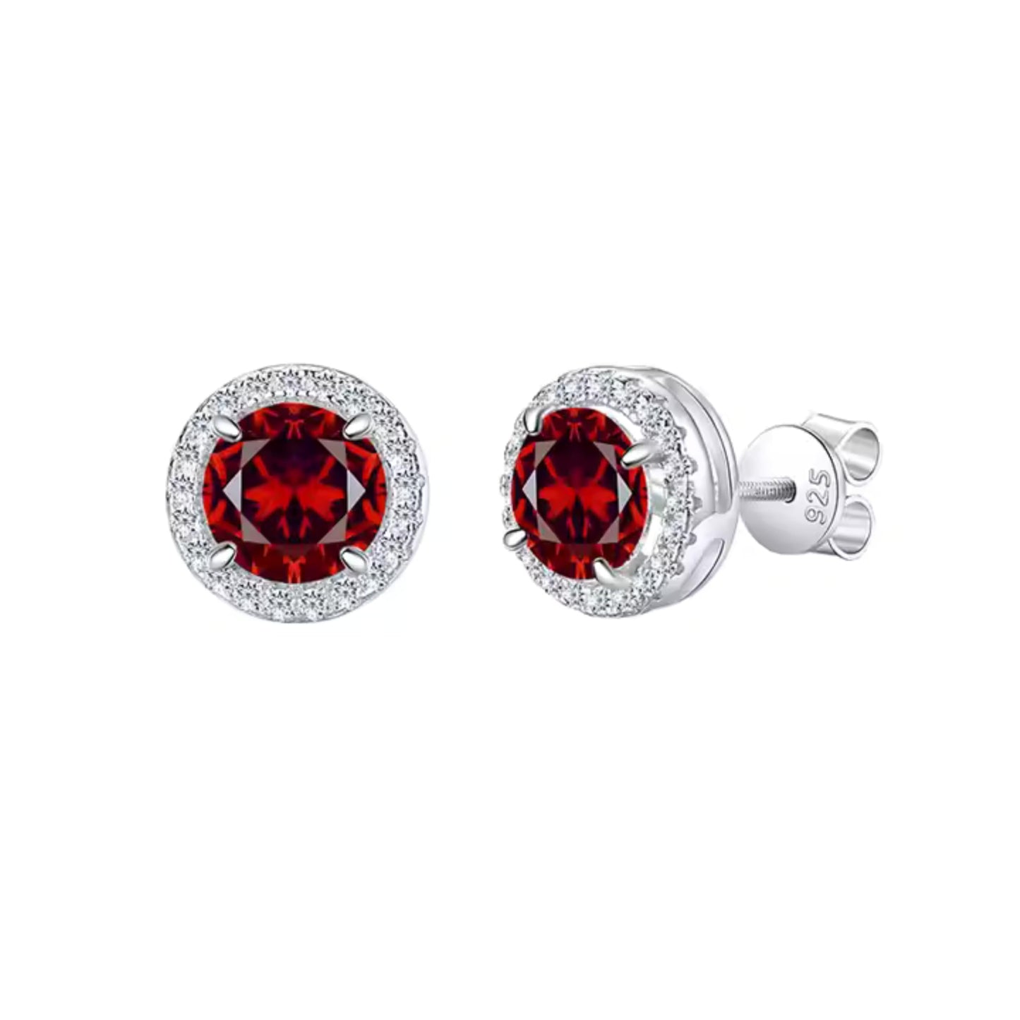 925 Sterling Silver Round Birthstone Red Stone Zircon Diamond Jewelry Set for Women, Halo Necklace, Earrings & Ring, 4 Pieces