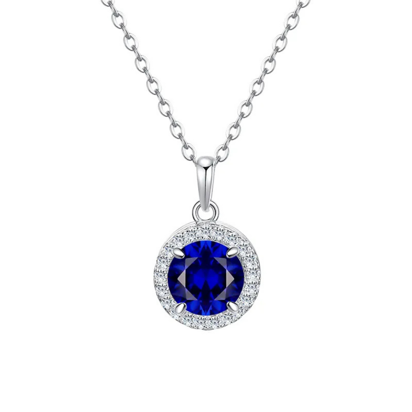 925 Sterling Silver Round Birthstone Blue Stone Zircon Diamond Jewelry Set for Women, Halo Necklace, Earrings & Ring, 4 Pieces
