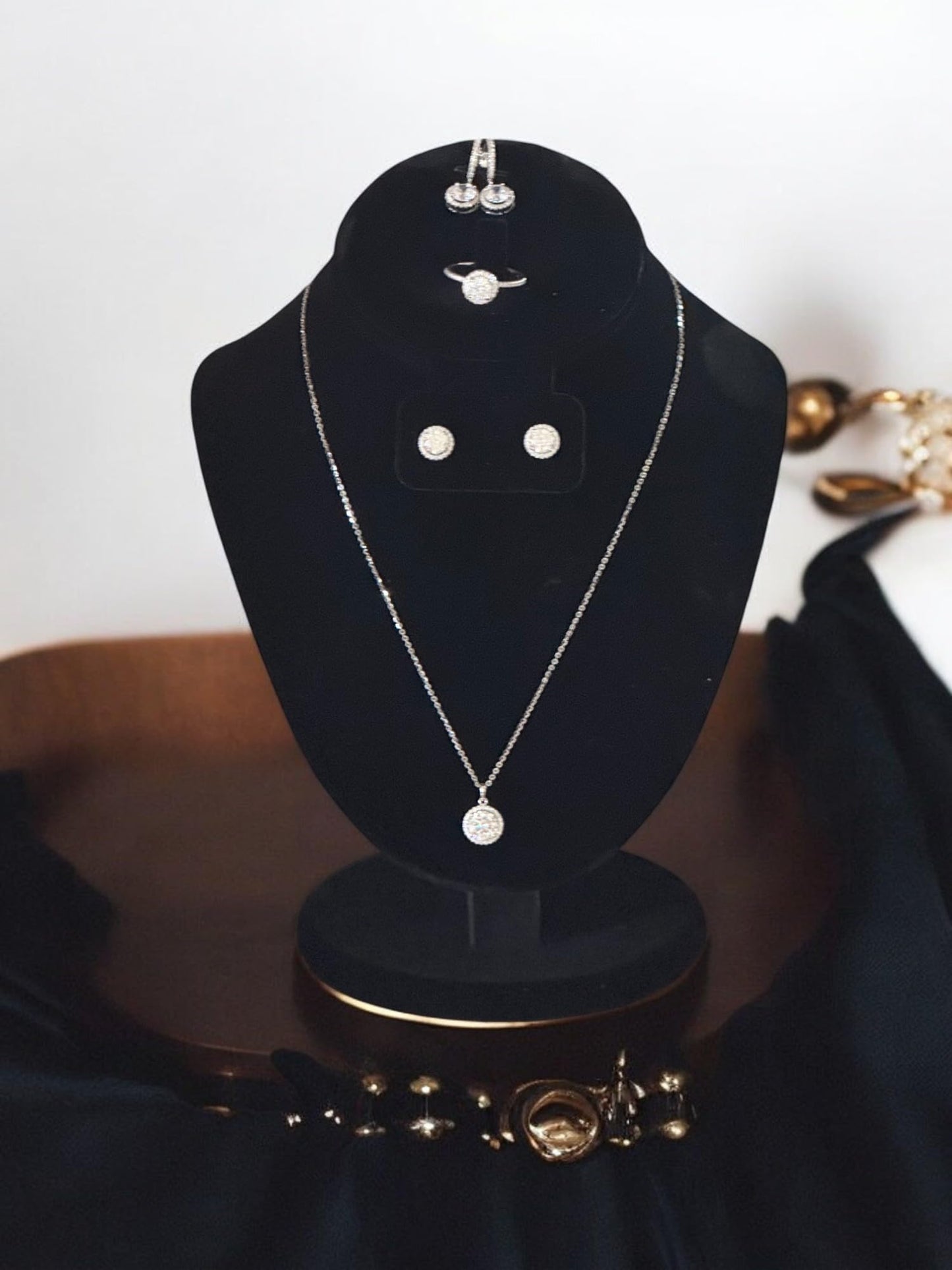 925 Sterling Silver Cubic Zirconia Jewelry Set, Halo Necklace Earrings Ring, 4 Pieces