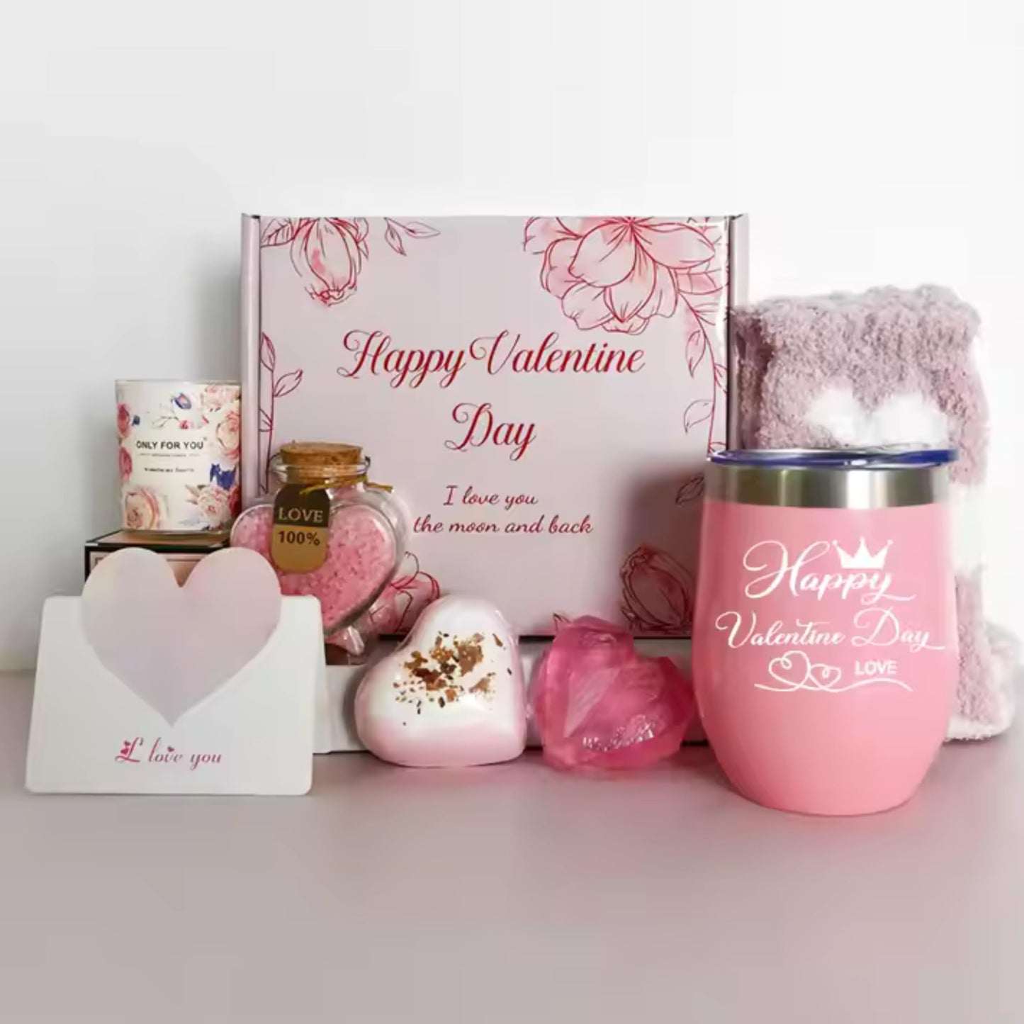 Spa Relaxation Bath Gift Box with Tumbler and Bath Accessories, Pink