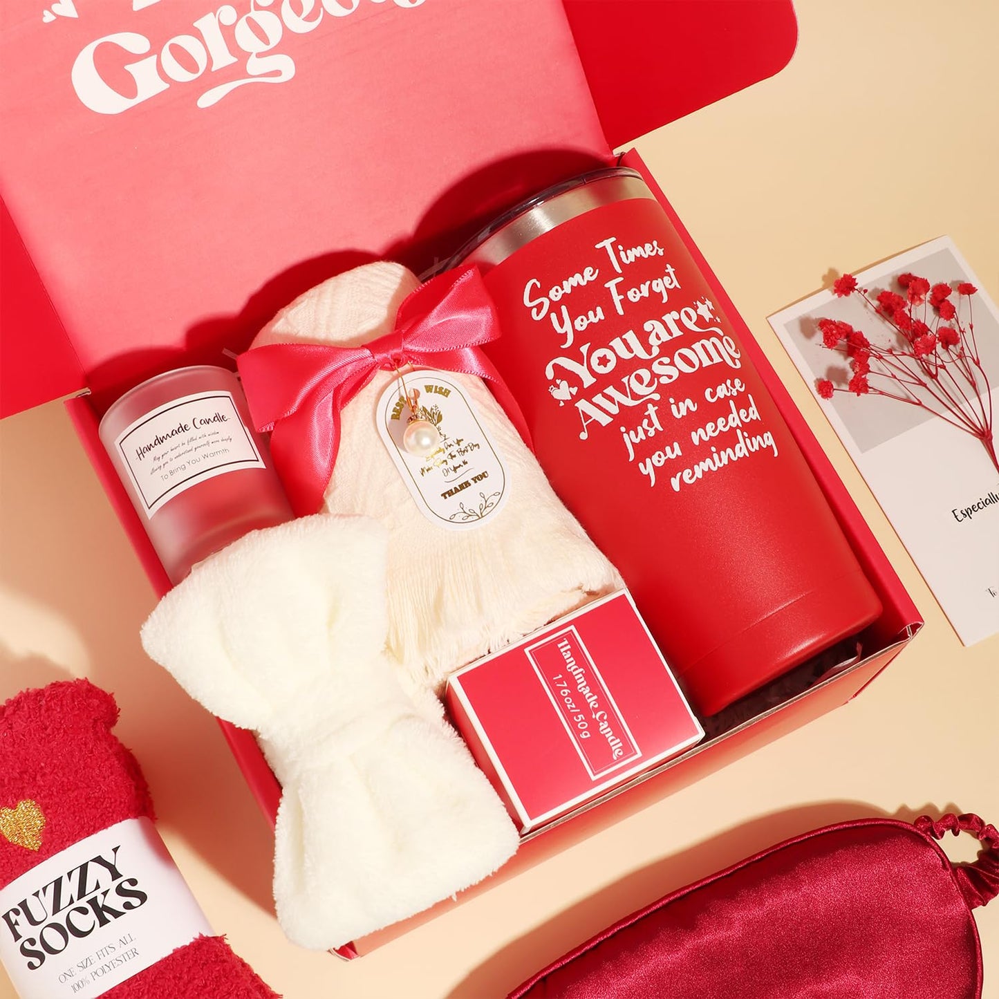 Angelique Artistry USA Spa Gift Set, 8 Pieces, Red Box with Tumbler, Candle, Bath Bomb, Soap, Socks and More