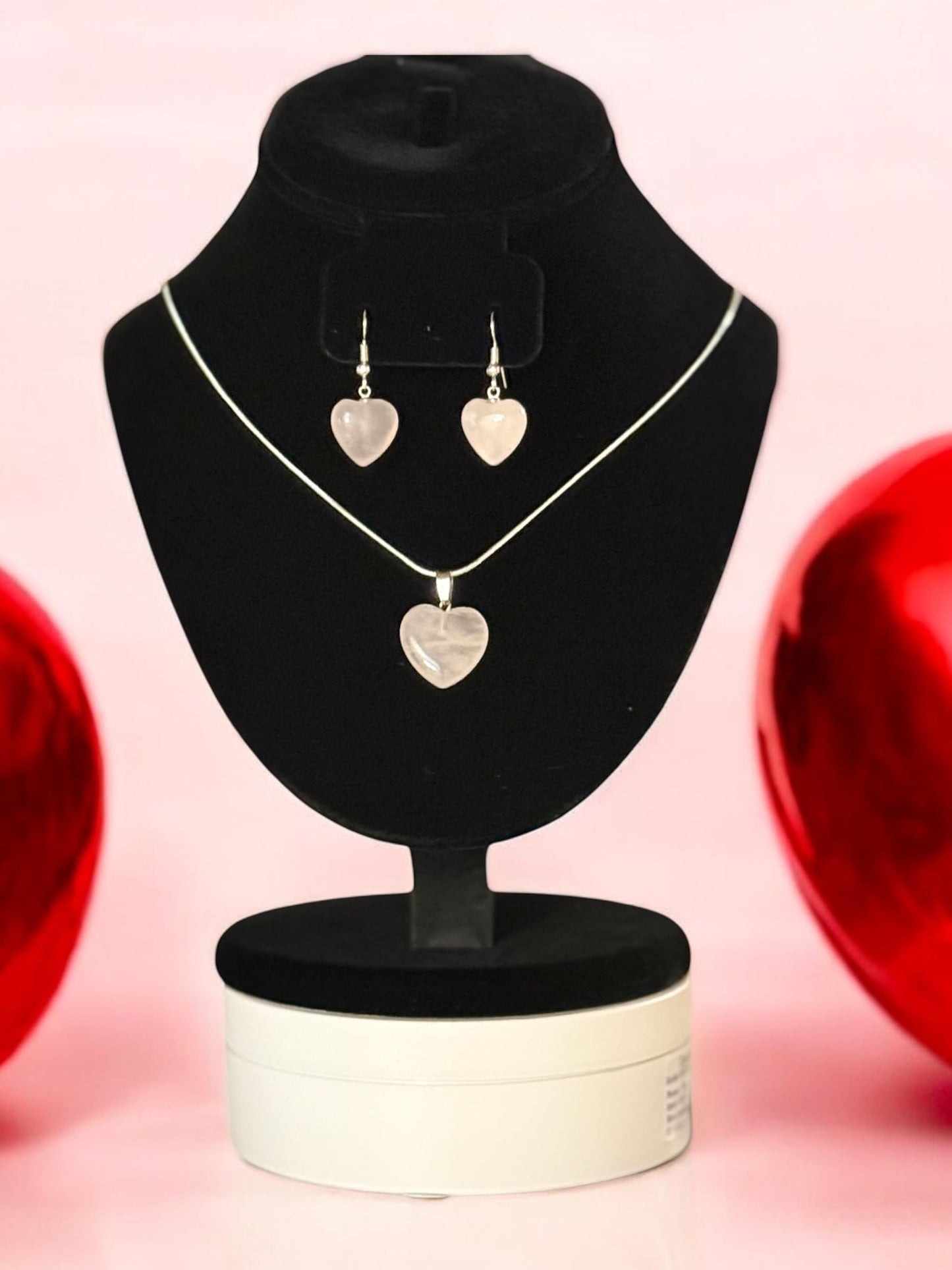 Rose Quartz Heart Crystal Necklace and Earring Set, 925 Sterling Silver Chain, 18inch