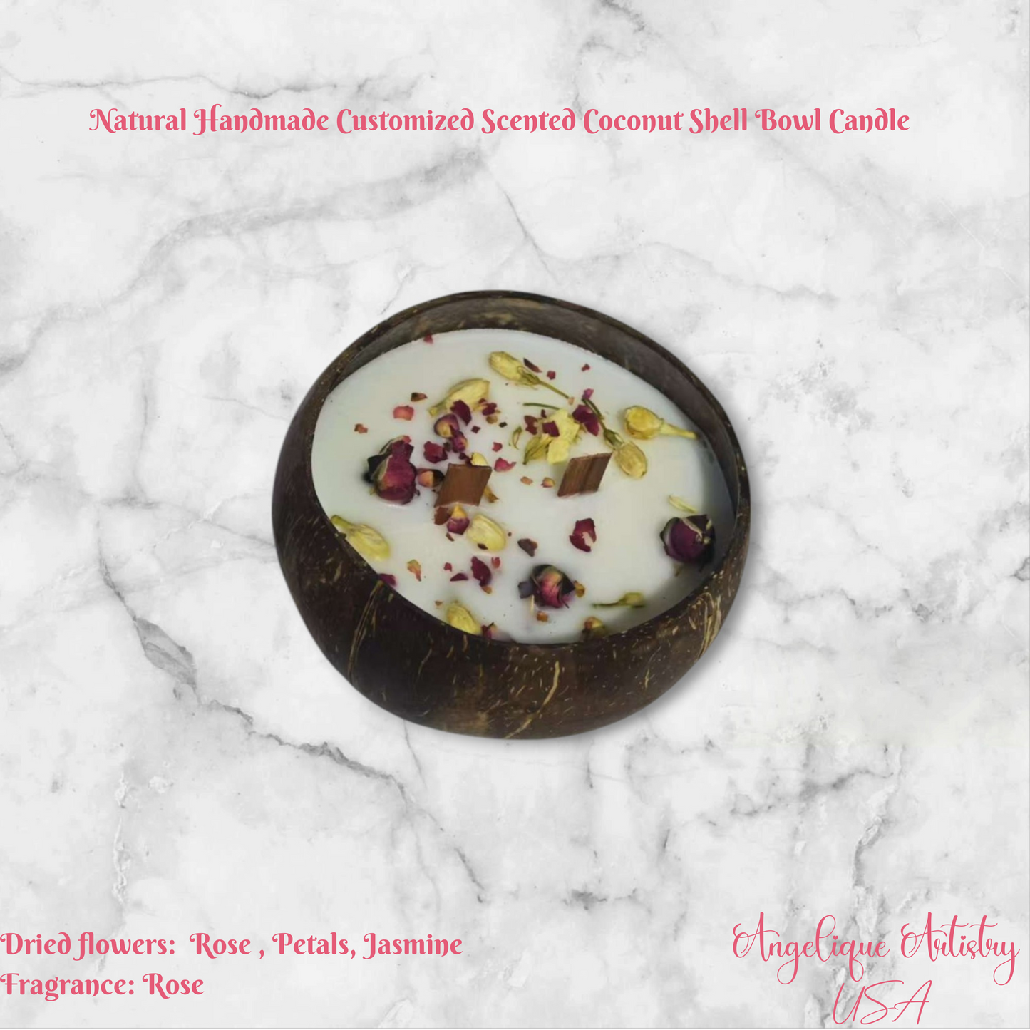 Natural Handmade Customized Scented Coconut Shell Bowl Candle with Crystal and dried flowers