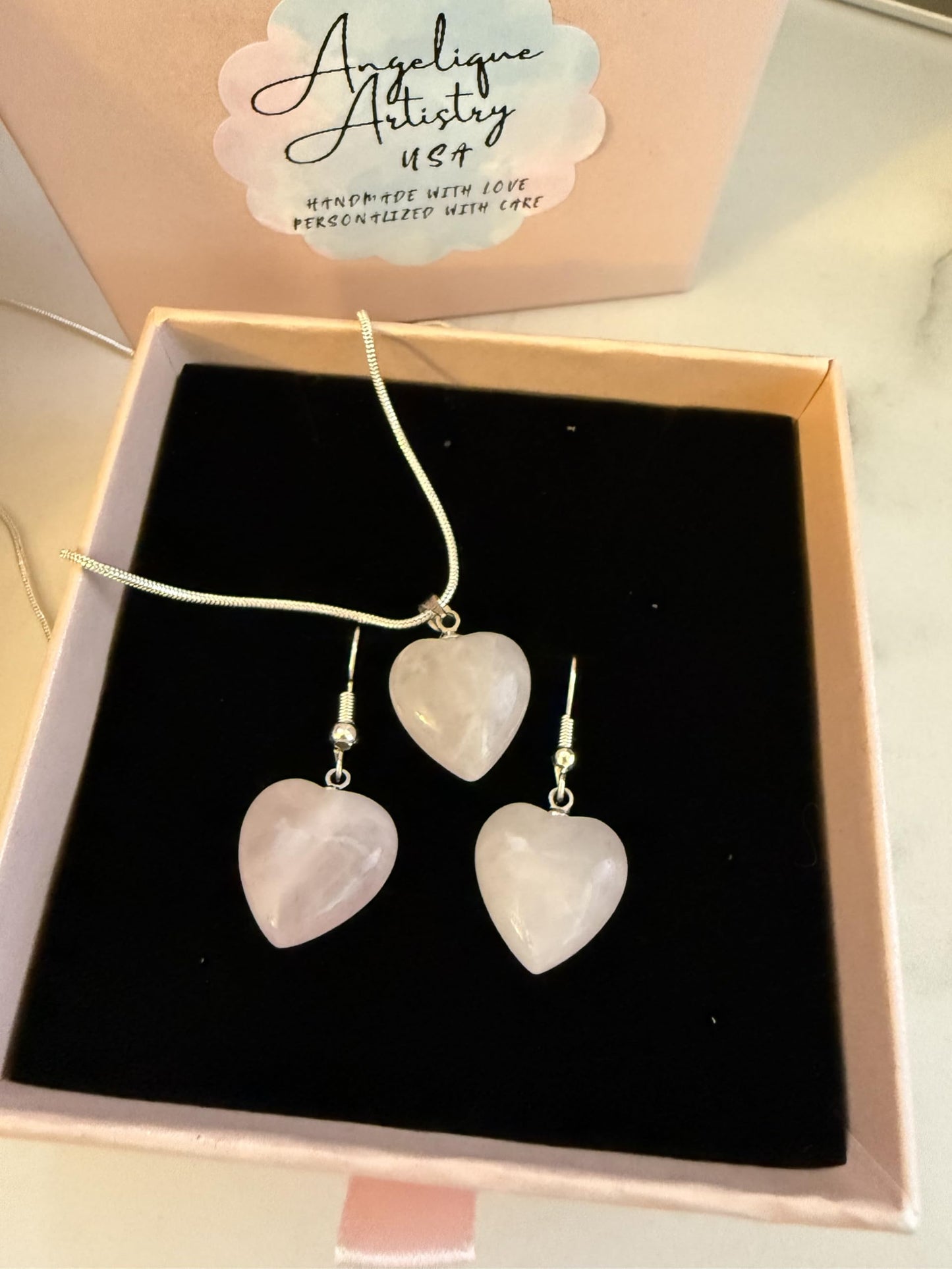 Rose Quartz Heart Crystal Necklace and Earring Set, 925 Sterling Silver Chain, 18inch