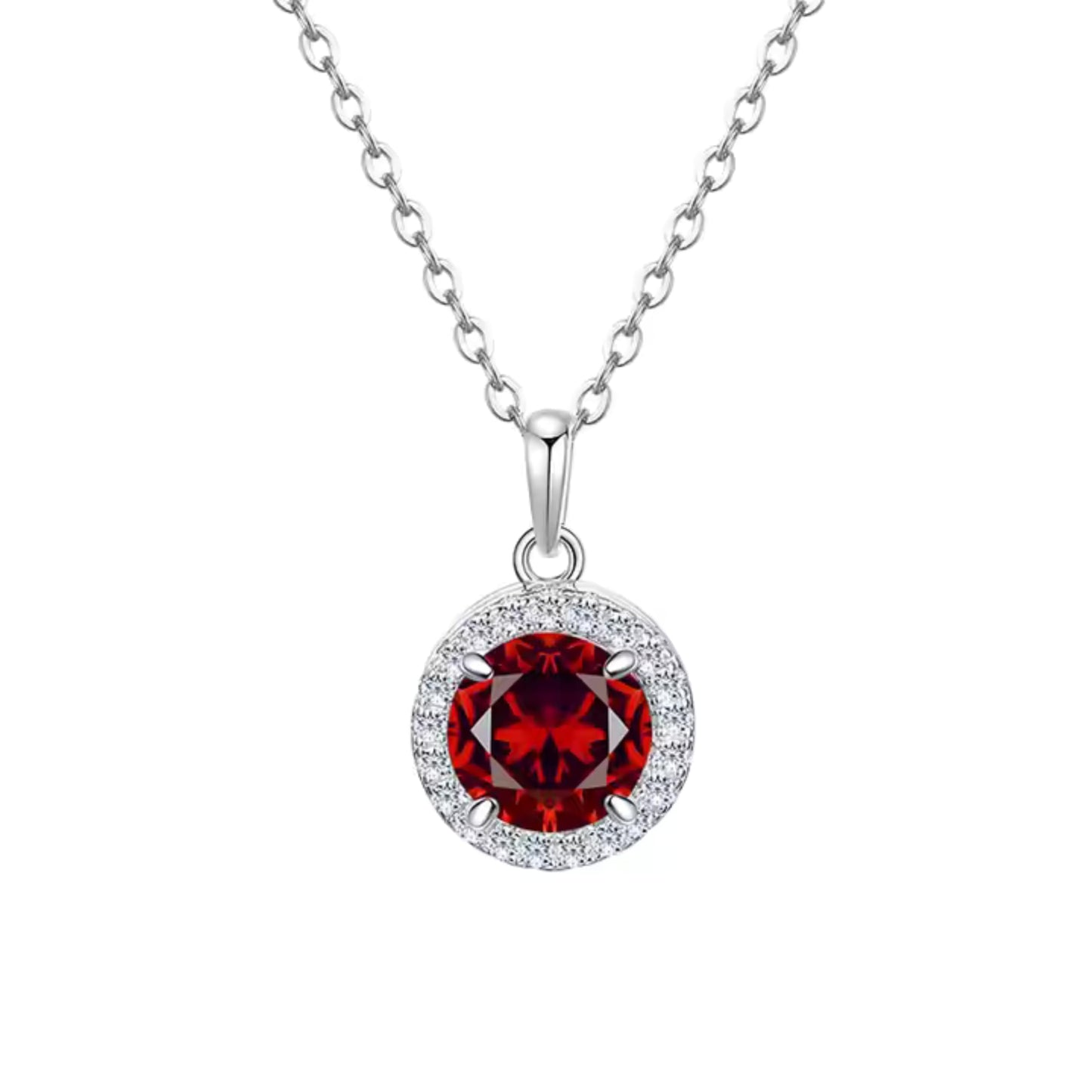 925 Sterling Silver Round Birthstone Red Stone Zircon Diamond Jewelry Set for Women, Halo Necklace, Earrings & Ring, 4 Pieces