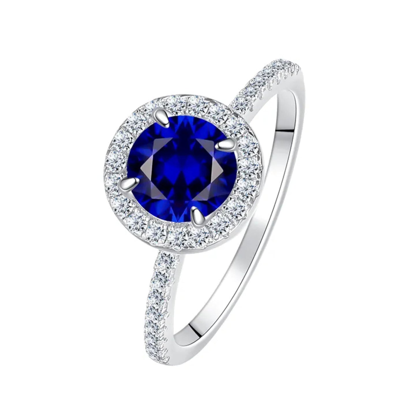 925 Sterling Silver Round Birthstone Blue Stone Zircon Diamond Jewelry Set for Women, Halo Necklace, Earrings & Ring, 4 Pieces