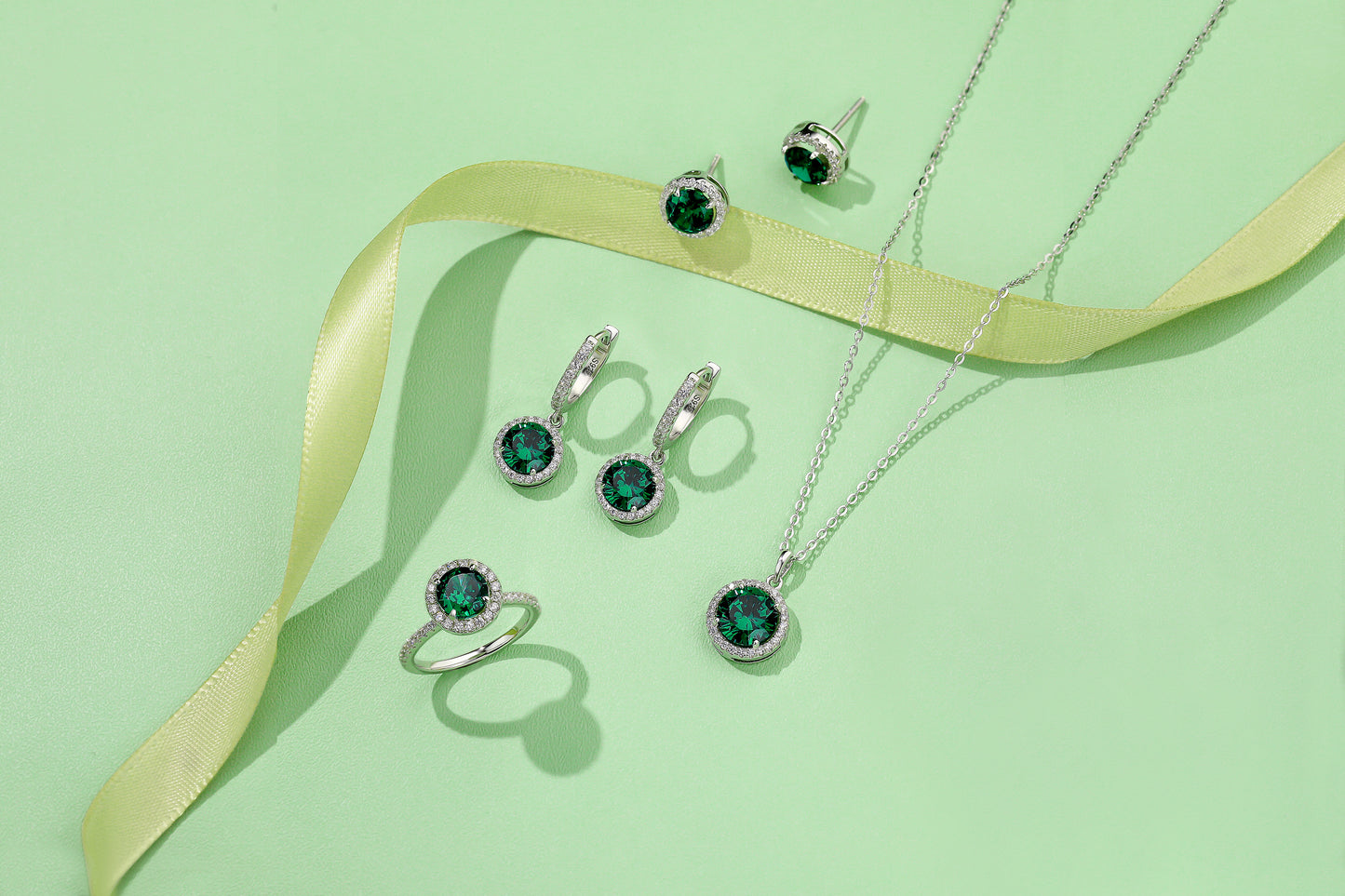 925 Sterling Silver Jewelry Set, Round Cut Green Zircon Diamond, Necklace Ring Earrings, Platinum Plated