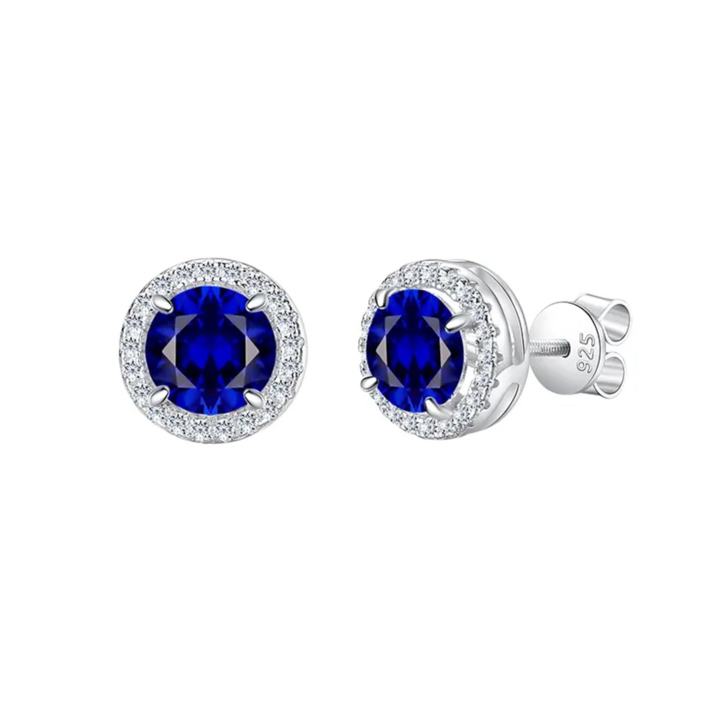 925 Sterling Silver Round Birthstone Blue Stone Zircon Diamond Jewelry Set for Women, Halo Necklace, Earrings & Ring, 4 Pieces