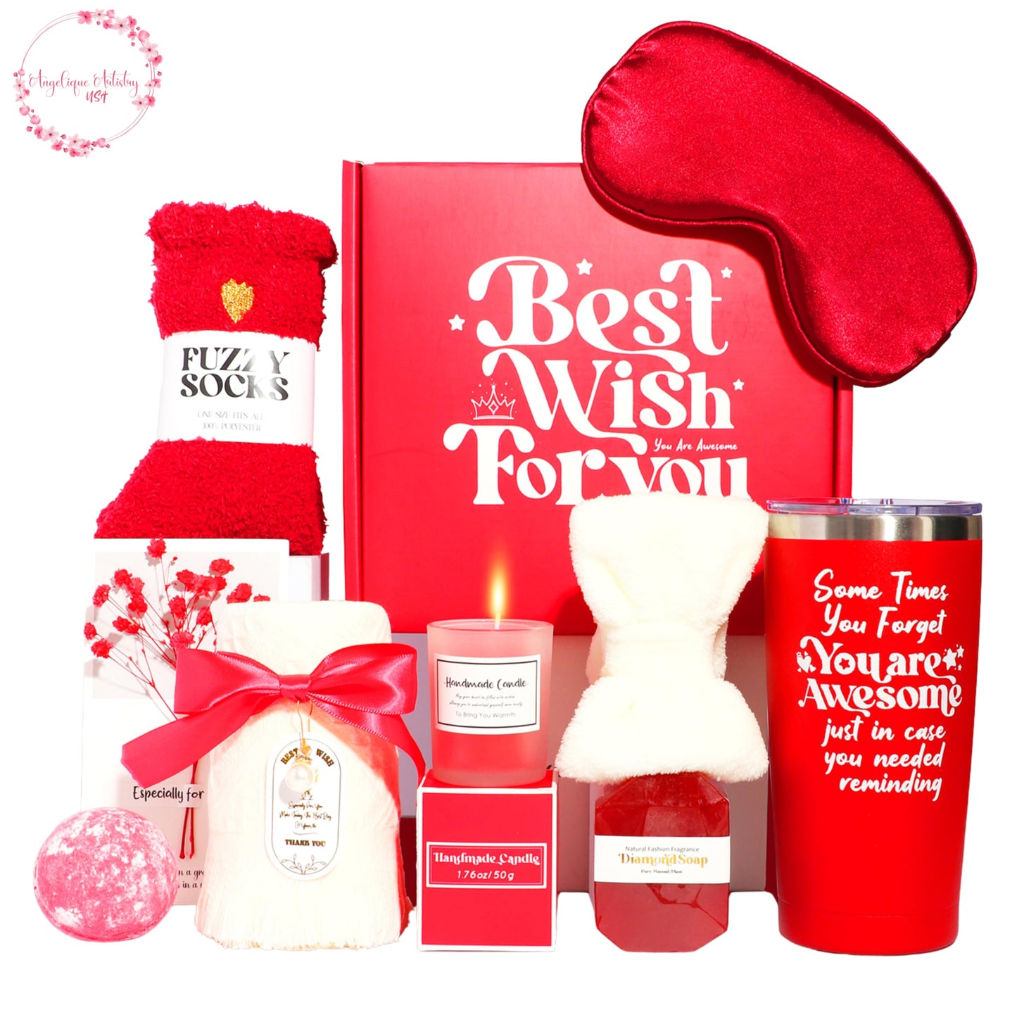 Angelique Artistry USA Spa Gift Set, 8 Pieces, Red Box with Tumbler, Candle, Bath Bomb, Soap, Socks and More