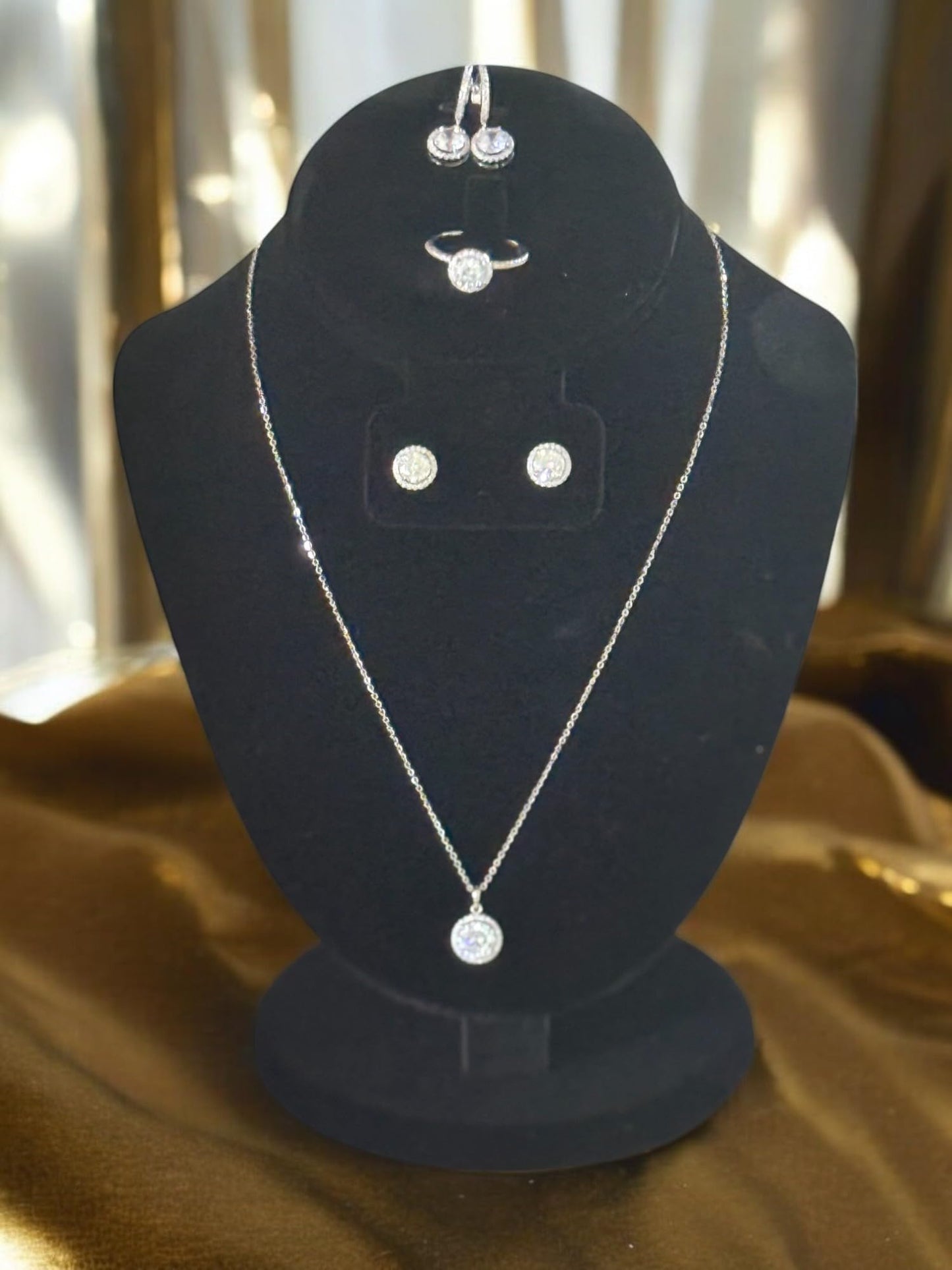 925 Sterling Silver Cubic Zirconia Jewelry Set, Halo Necklace Earrings Ring, 4 Pieces
