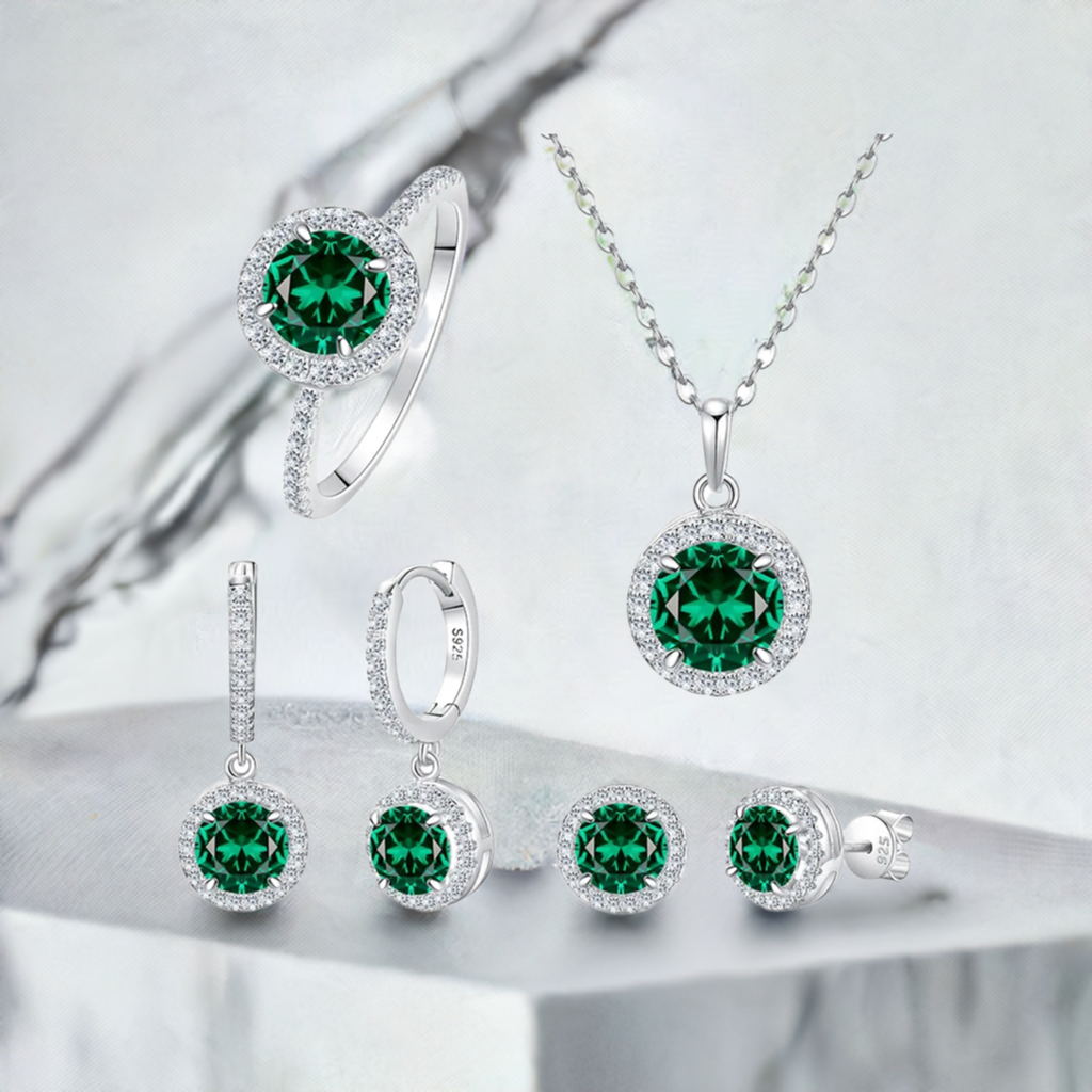 925 Sterling Silver Jewelry Set, Round Cut Green Zircon Diamond, Necklace Ring Earrings, Platinum Plated