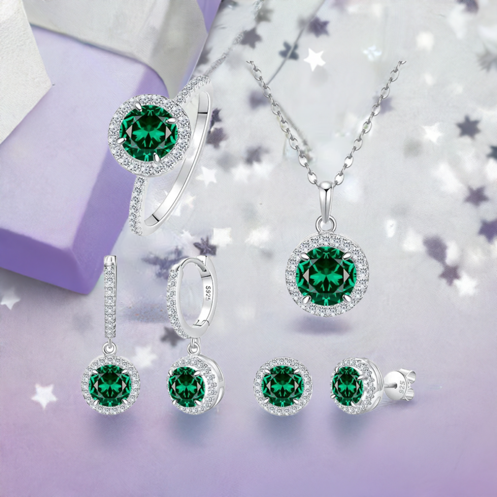 925 Sterling Silver Jewelry Set, Round Cut Green Zircon Diamond, Necklace Ring Earrings, Platinum Plated
