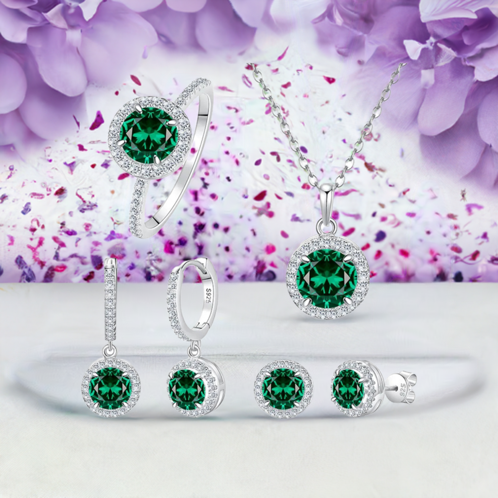 925 Sterling Silver Jewelry Set, Round Cut Green Zircon Diamond, Necklace Ring Earrings, Platinum Plated
