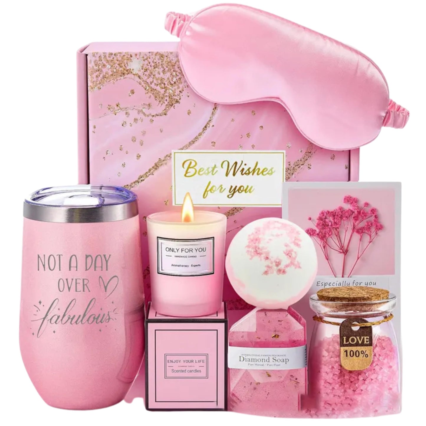 Pink Spa Gift Set, 7-Piece Relaxation Box with Tumbler, Candle, Bath Essentials and Eye Mask
