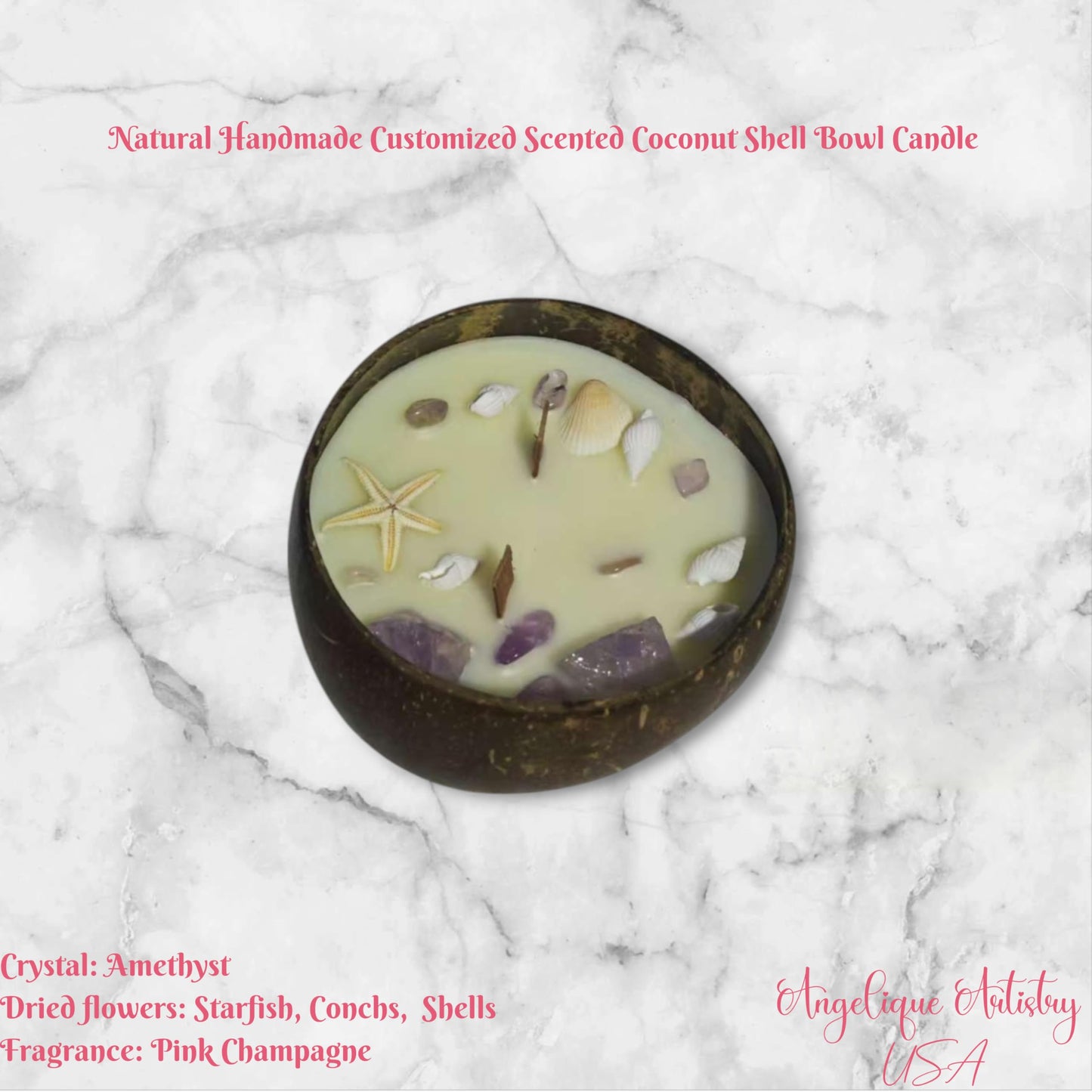 Natural Handmade Customized Scented Coconut Shell Bowl Candle with Crystal and Dried Flowers