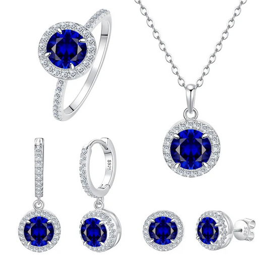 925 Sterling Silver Round Birthstone Blue Stone Zircon Diamond Jewelry Set for Women, Halo Necklace, Earrings & Ring, 4 Pieces