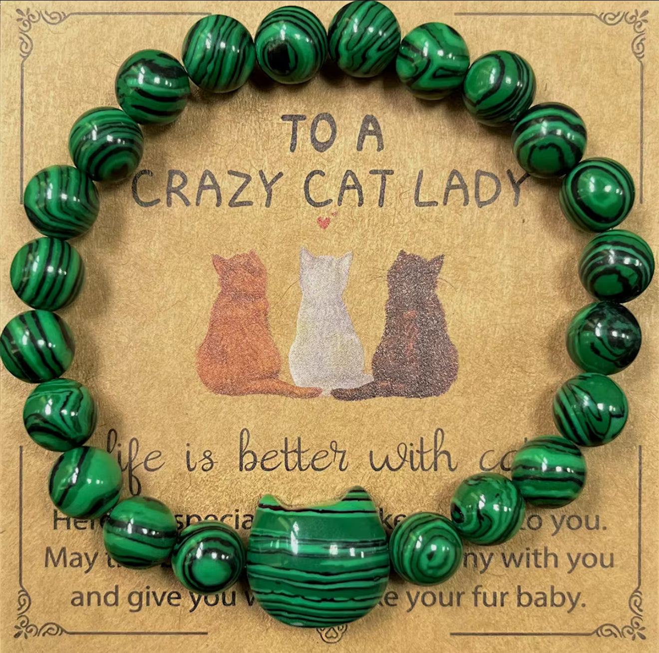 Cat Lover Bracelet: Natural Turquoise, Malachite & Aventurine Stone Beads