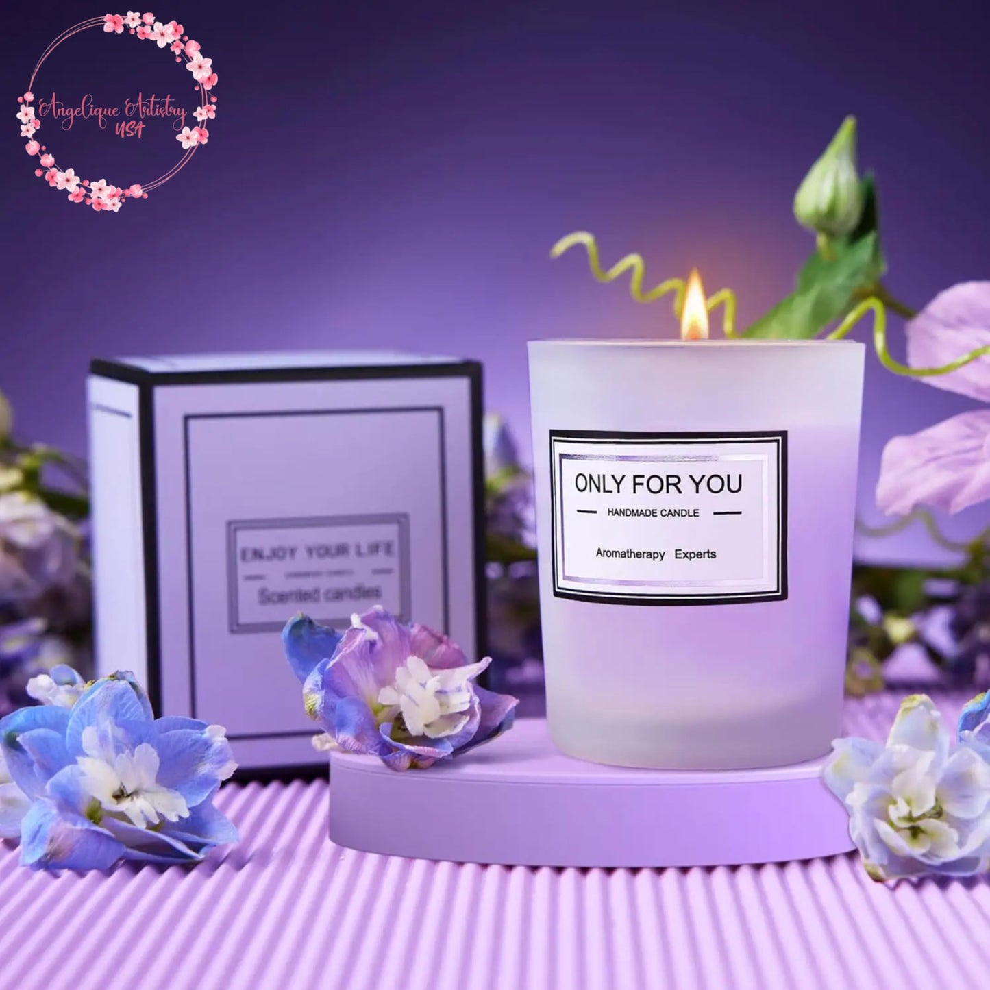 Purple Spa Gift Set, 6-Piece Bath and Relaxation Set with Tumbler, Candle, Bath Bomb, Bath Salt, Soap, and Greeting Card