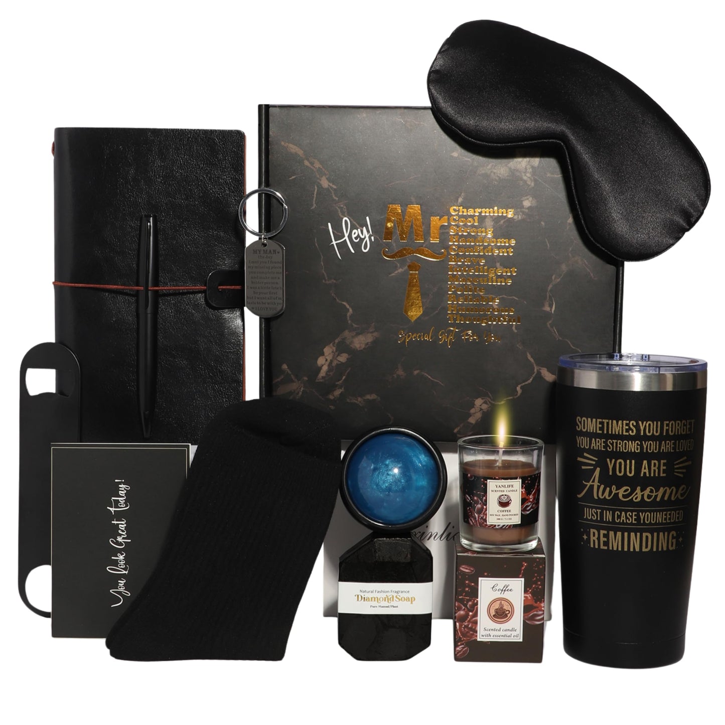 Luxury Men's Gift Box Set with Journal, Travel Tumbler, Scented Candle, Soap, Sleep Mask, Black