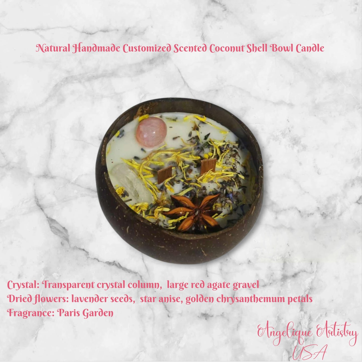 Natural Handmade Customized Scented Coconut Shell Bowl Candle with Crystal and Dried Flowers