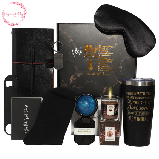 Luxury Men's Gift Box Set with Journal, Travel Tumbler, Scented Candle, Soap, Sleep Mask, Black