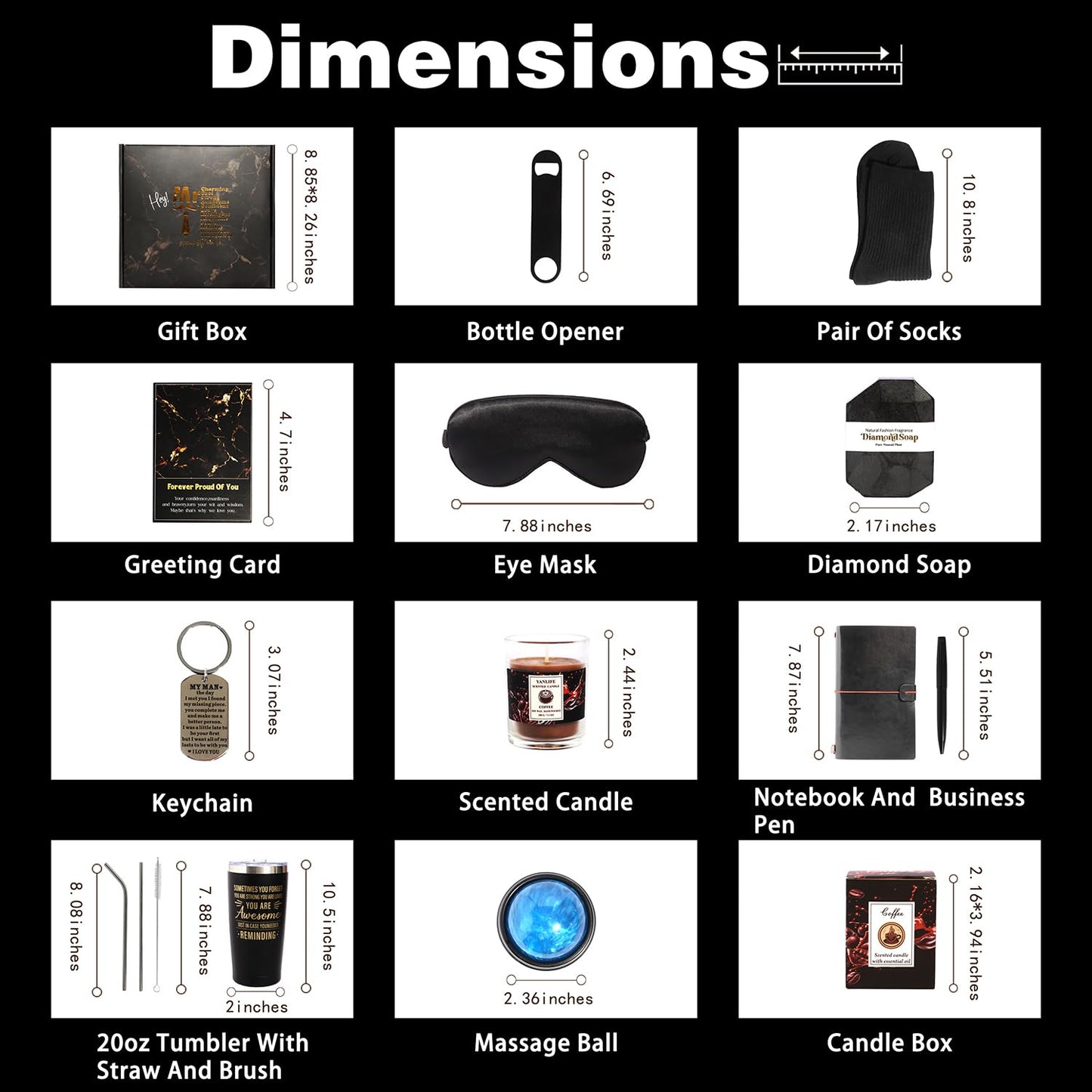 Luxury Men's Gift Box Set with Journal, Travel Tumbler, Scented Candle, Soap, Sleep Mask, Black