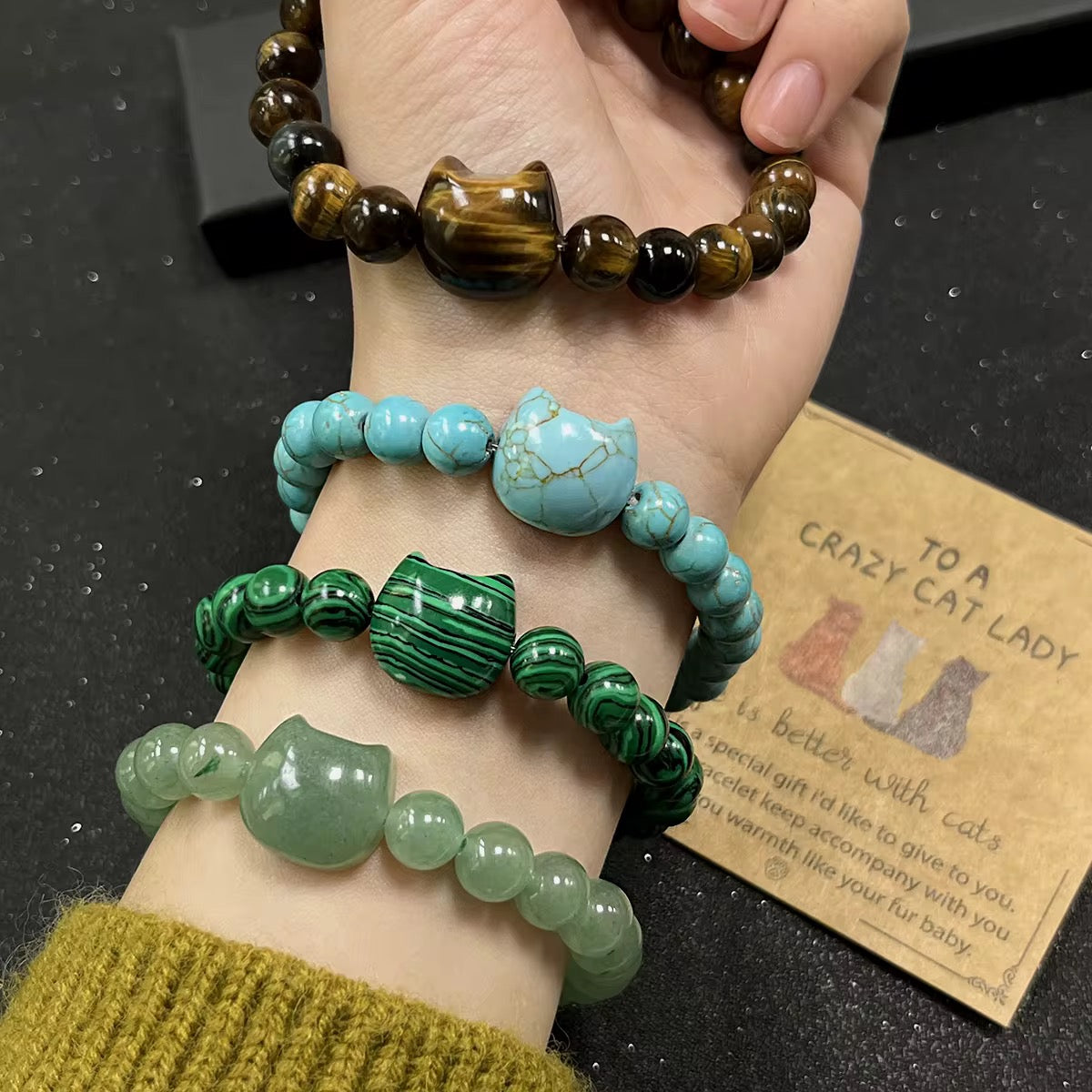Cat Lover Bracelet: Natural Turquoise, Malachite & Aventurine Stone Beads