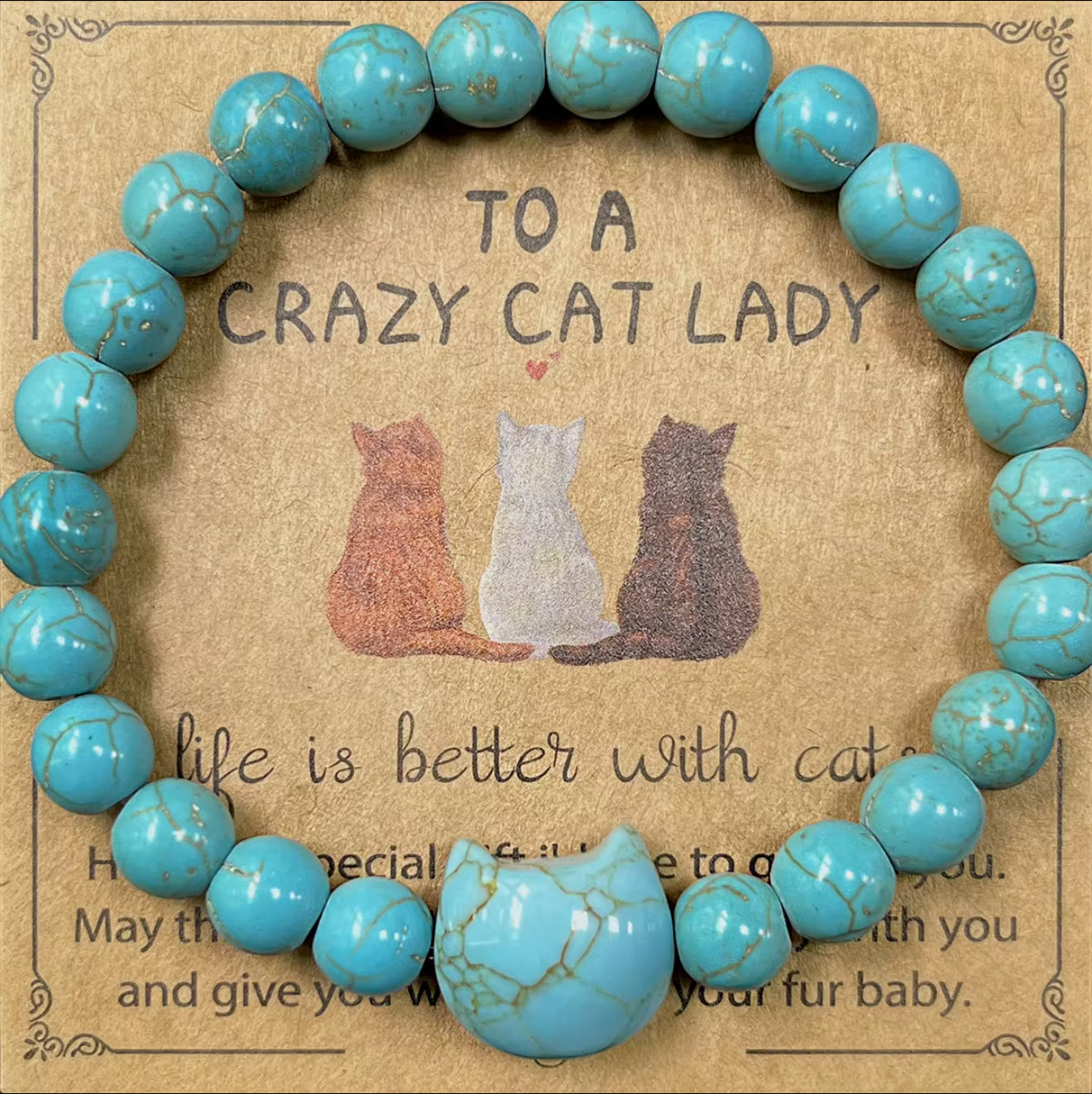 Cat Lover Bracelet: Natural Turquoise, Malachite & Aventurine Stone Beads