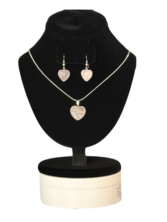Rose Quartz Heart Crystal Necklace and Earring Set, 925 Sterling Silver Chain, 18inch