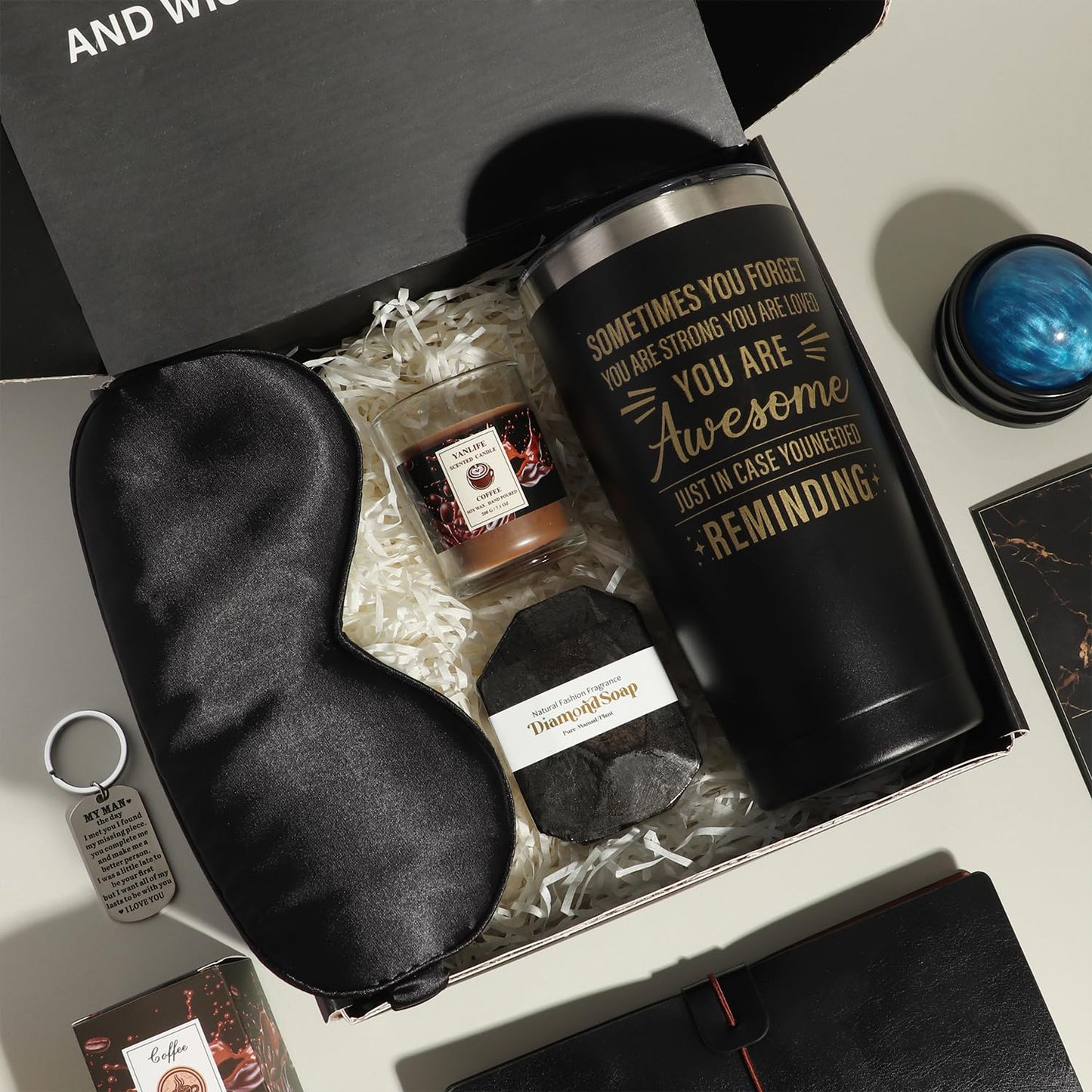 Luxury Men's Gift Box Set with Journal, Travel Tumbler, Scented Candle, Soap, Sleep Mask, Black