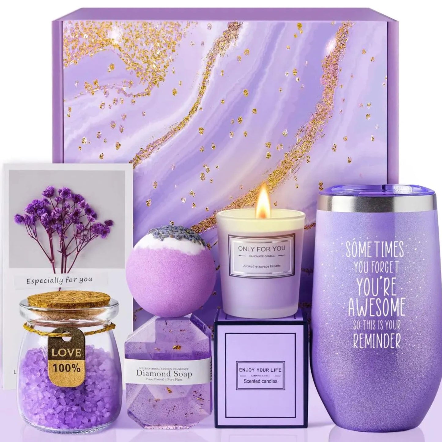 Purple Spa Gift Set, 6-Piece Bath and Relaxation Set with Tumbler, Candle, Bath Bomb, Bath Salt, Soap, and Greeting Card