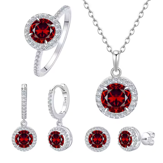 925 Sterling Silver Round Birthstone Red Stone Zircon Diamond Jewelry Set for Women, Halo Necklace, Earrings & Ring, 4 Pieces