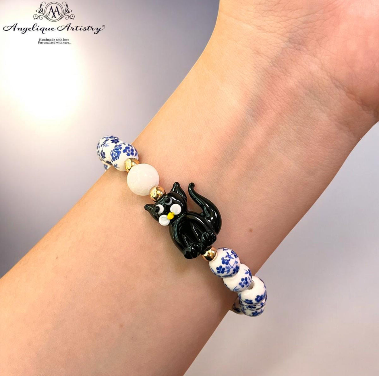 Handcrafted Blue & White Porcelain Beaded Bracelet with Cartoon Cat Charm