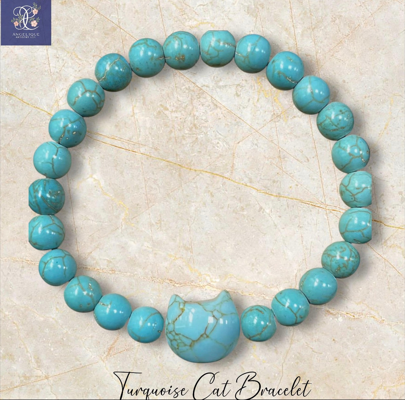Cat Lover Bracelet: Natural Turquoise, Malachite & Aventurine Stone Beads