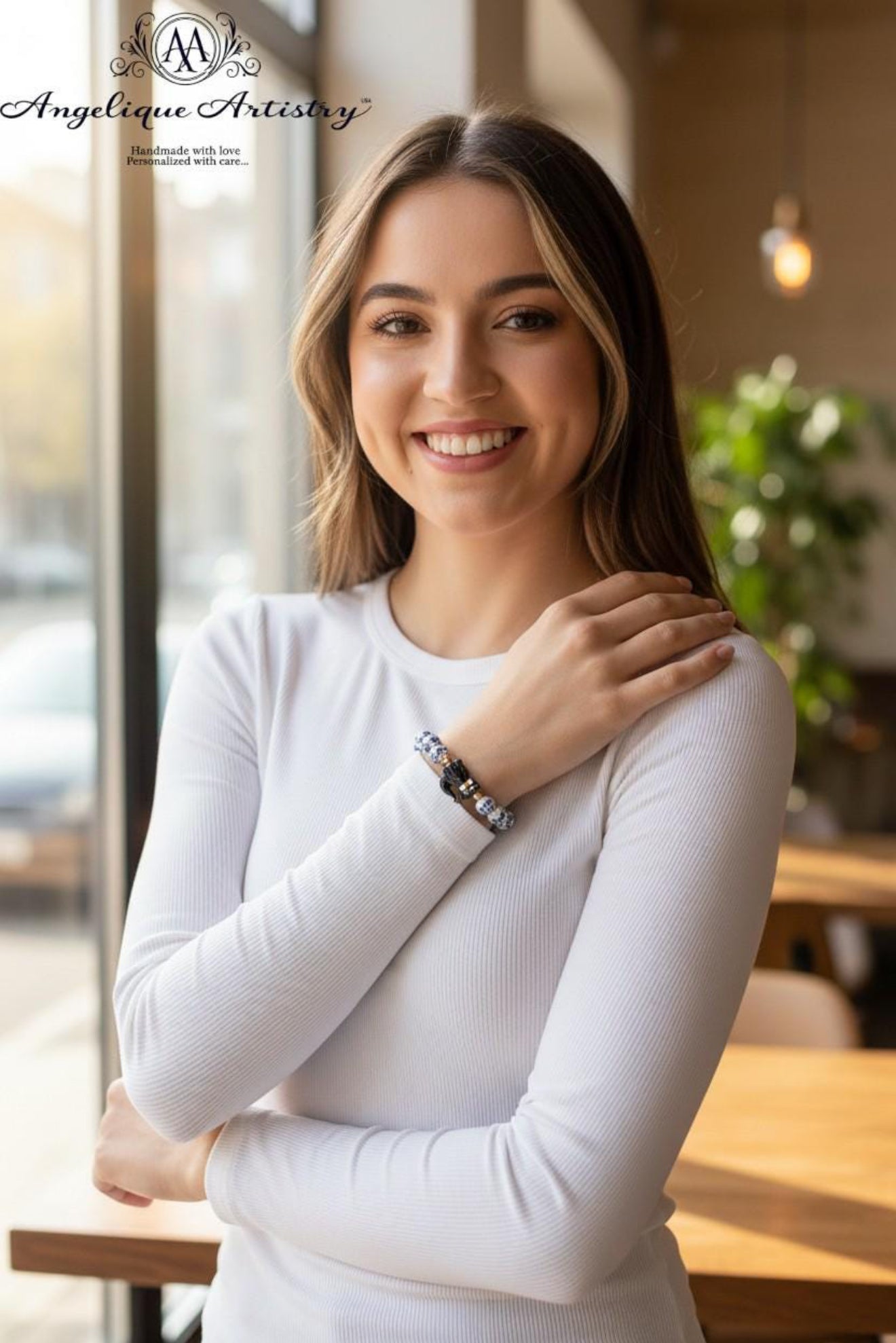 Handcrafted Blue & White Porcelain Beaded Bracelet with Cartoon Cat Charm