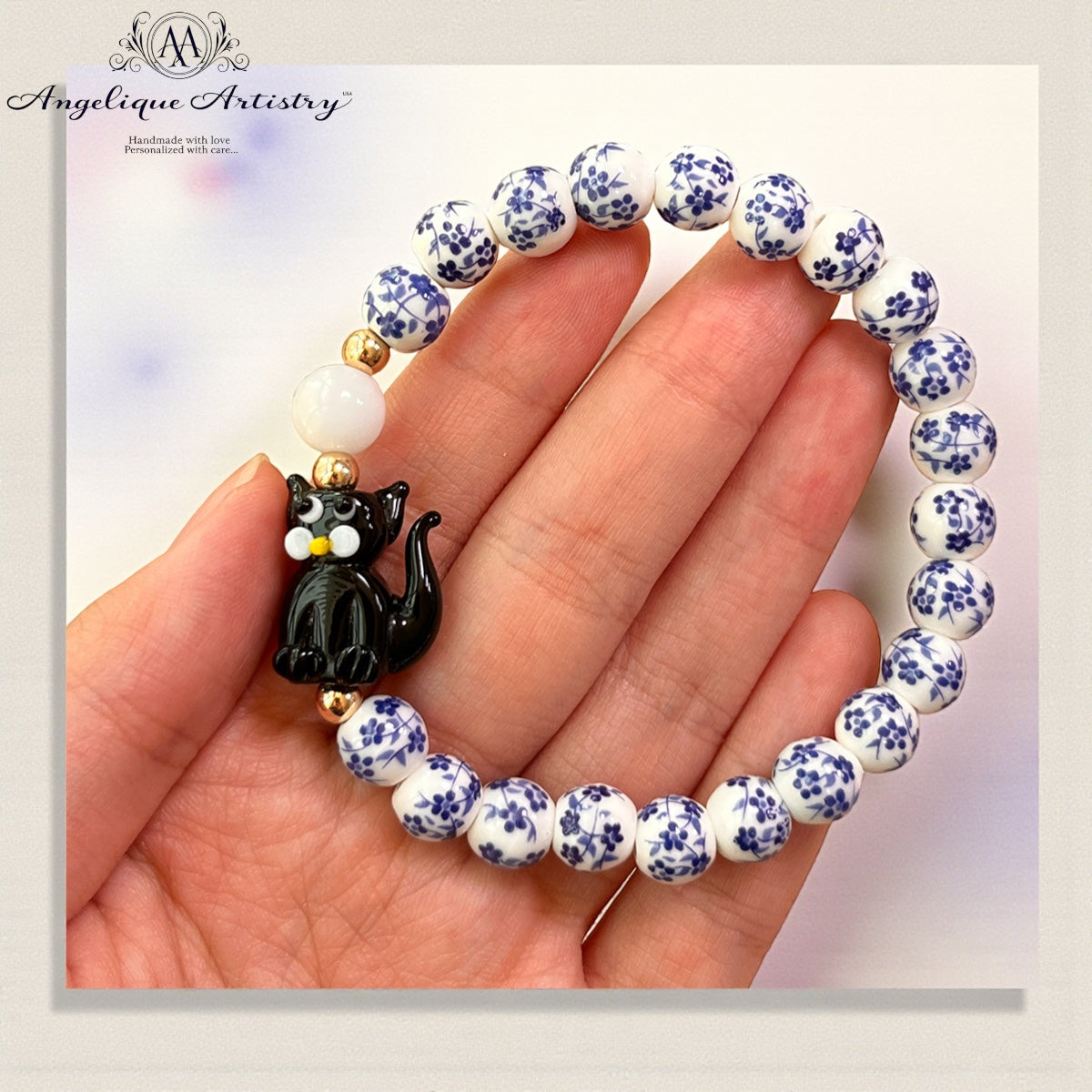 Handcrafted Blue & White Porcelain Beaded Bracelet with Cartoon Cat Charm