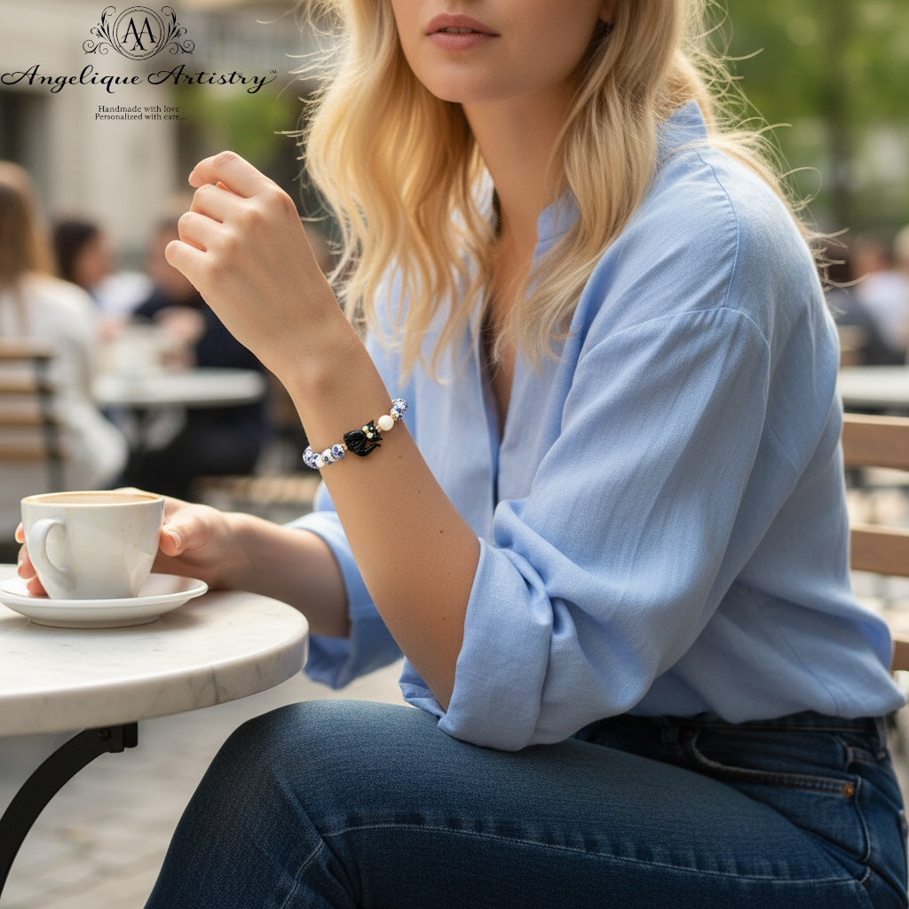 Handcrafted Blue & White Porcelain Beaded Bracelet with Cartoon Cat Charm