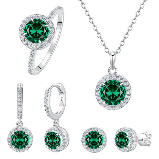 925 Sterling Silver Jewelry Set, Round Cut Green Zircon Diamond, Necklace Ring Earrings, Platinum Plated