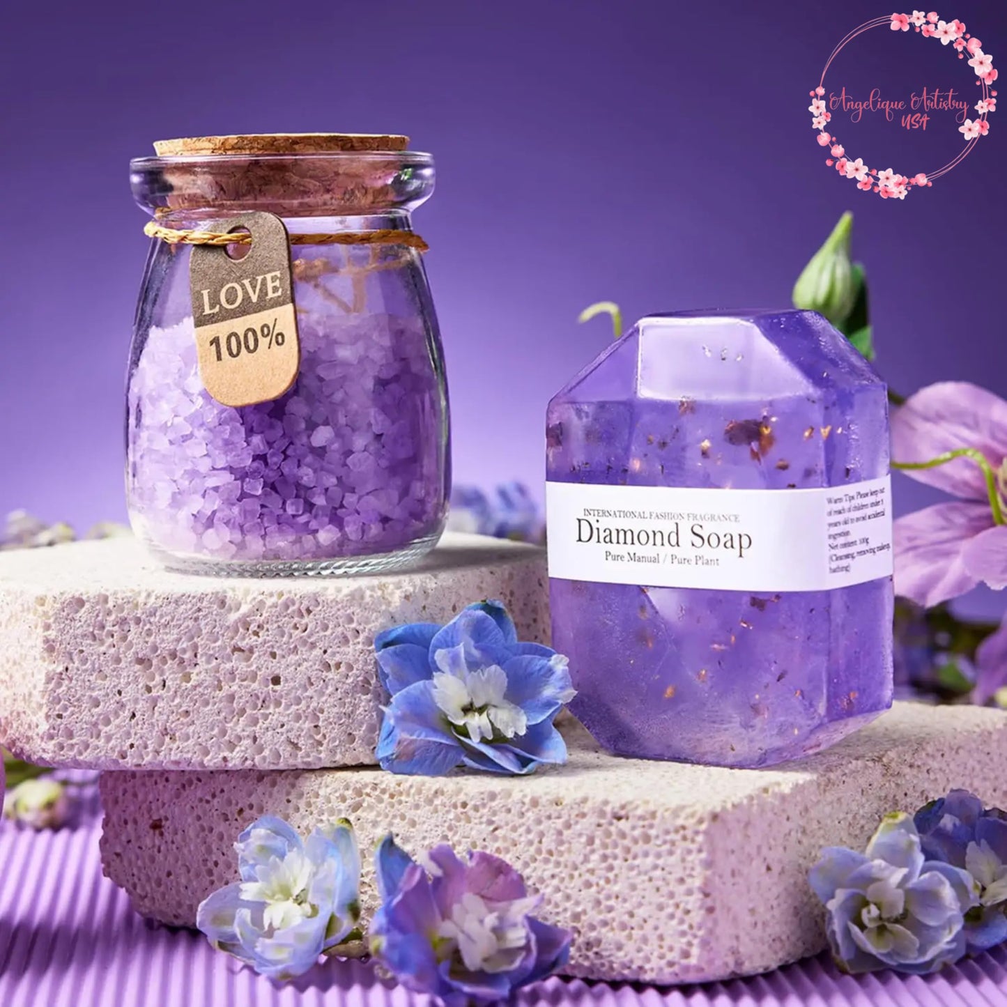 Purple Spa Gift Set, 6-Piece Bath and Relaxation Set with Tumbler, Candle, Bath Bomb, Bath Salt, Soap, and Greeting Card