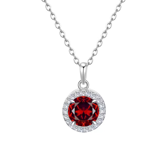925 Sterling Silver Round Birthstone Red Stone Zircon Diamond Jewelry Set for Women, Halo Necklace, Earrings & Ring, 4 Pieces