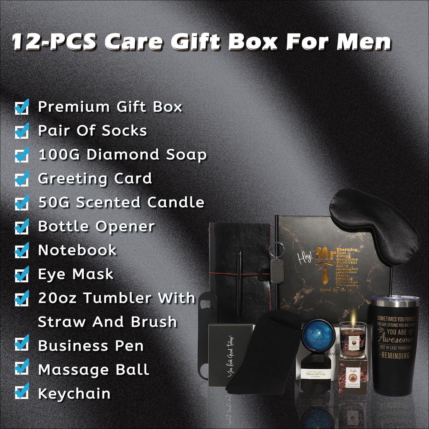 Luxury Men's Gift Box Set with Journal, Travel Tumbler, Scented Candle, Soap, Sleep Mask, Black