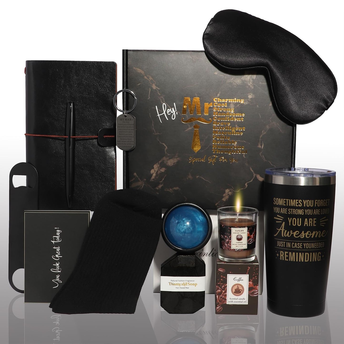Luxury Men's Gift Box Set with Journal, Travel Tumbler, Scented Candle, Soap, Sleep Mask, Black